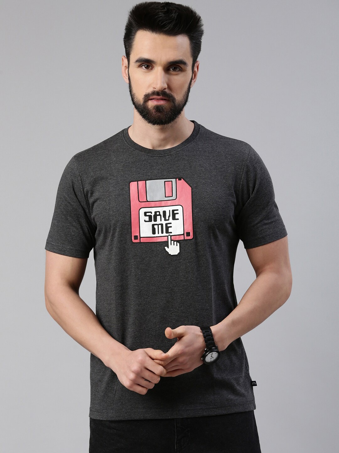 

Chennis Men Charcoal Typography Printed Cotton Slim Fit T-shirt