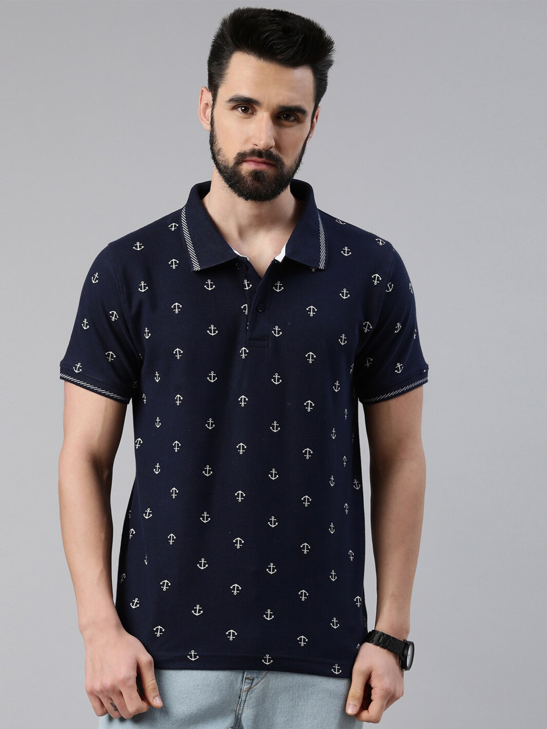 

Chennis Men Navy Blue Polo Collar Cotton Slim Fit T-shirt