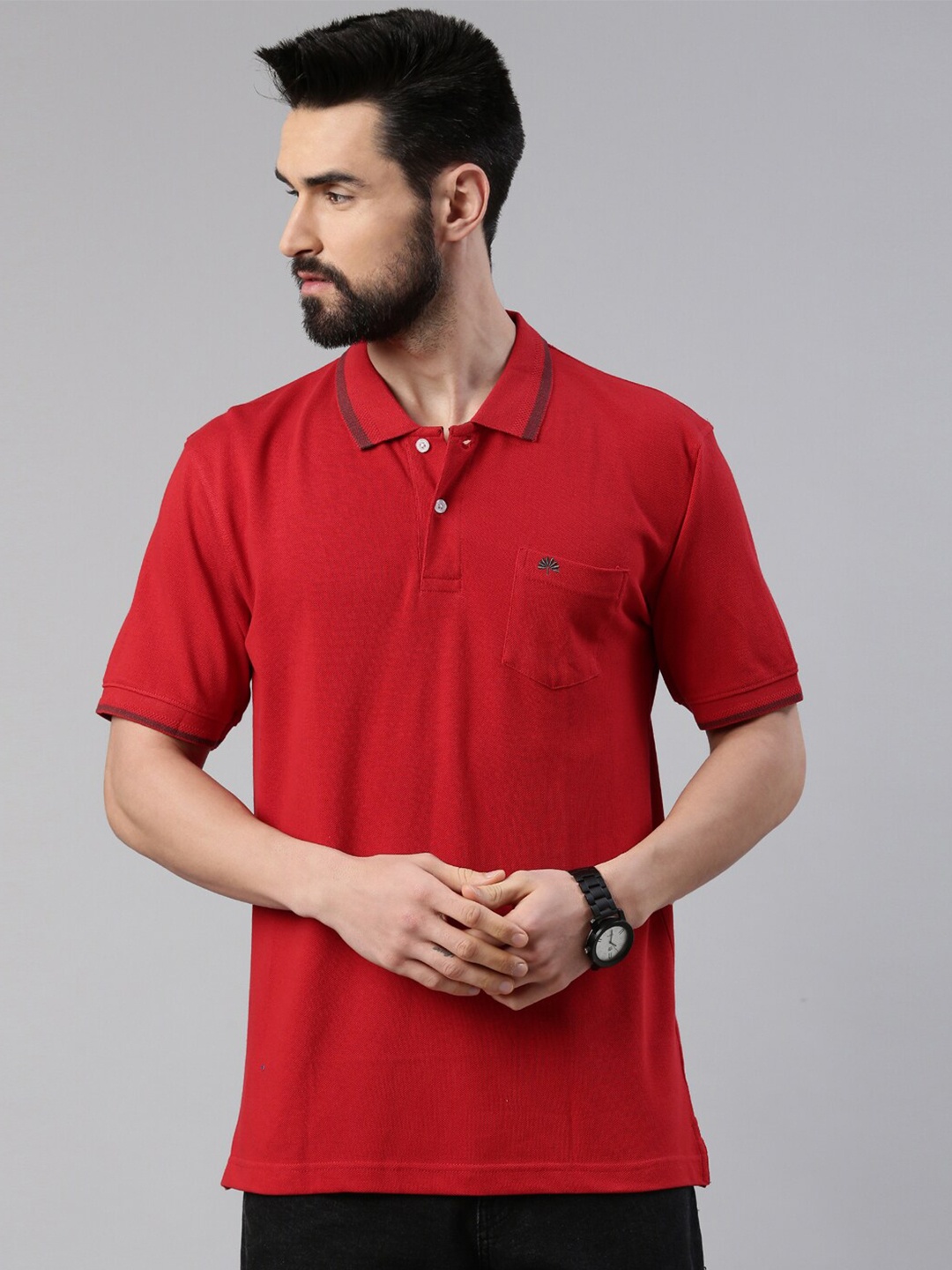 

Chennis Men Red Polo Collar Slim Fit T-shirt