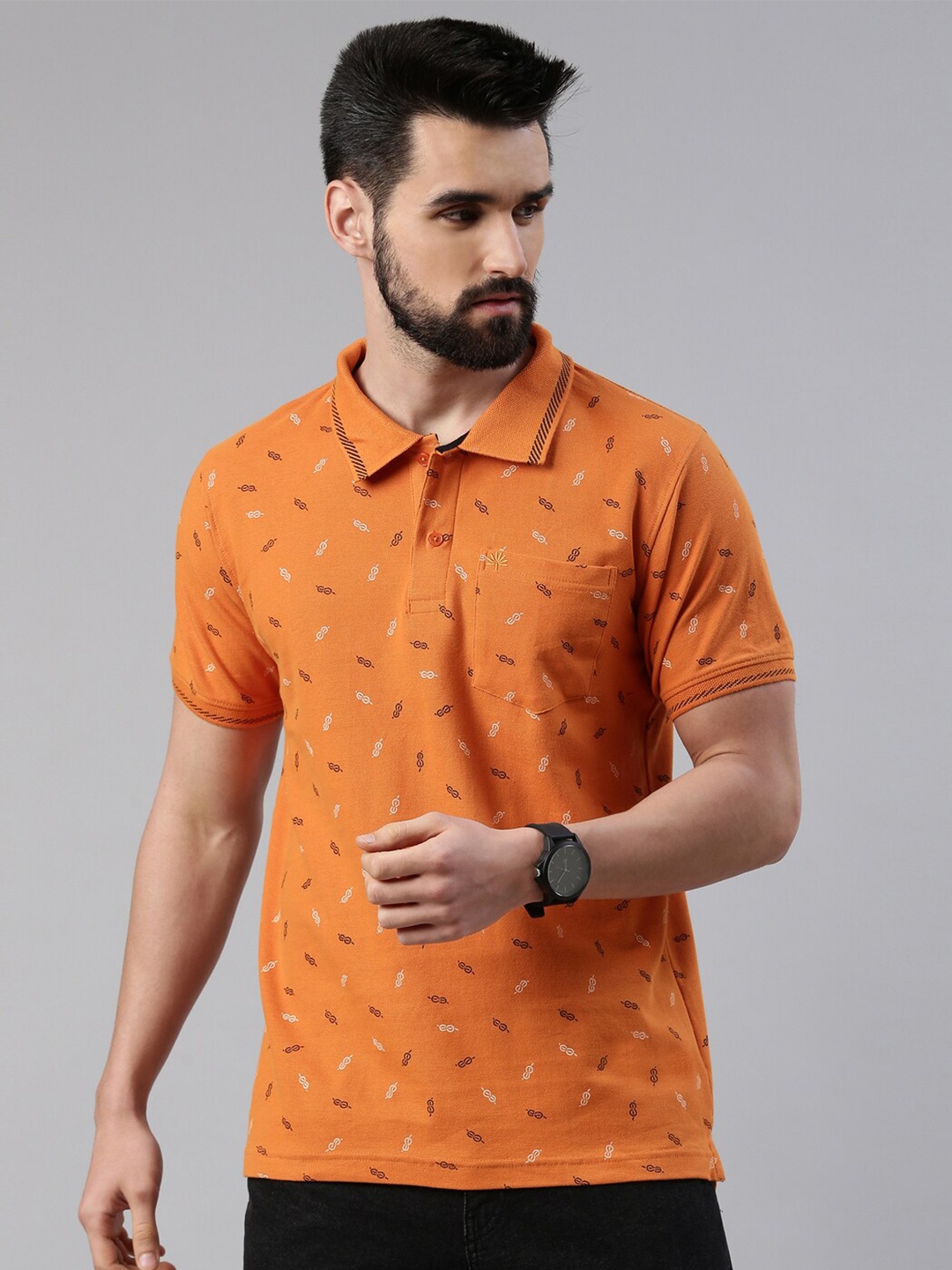 

Chennis Men Orange Printed Polo Collar Slim Fit T-shirt