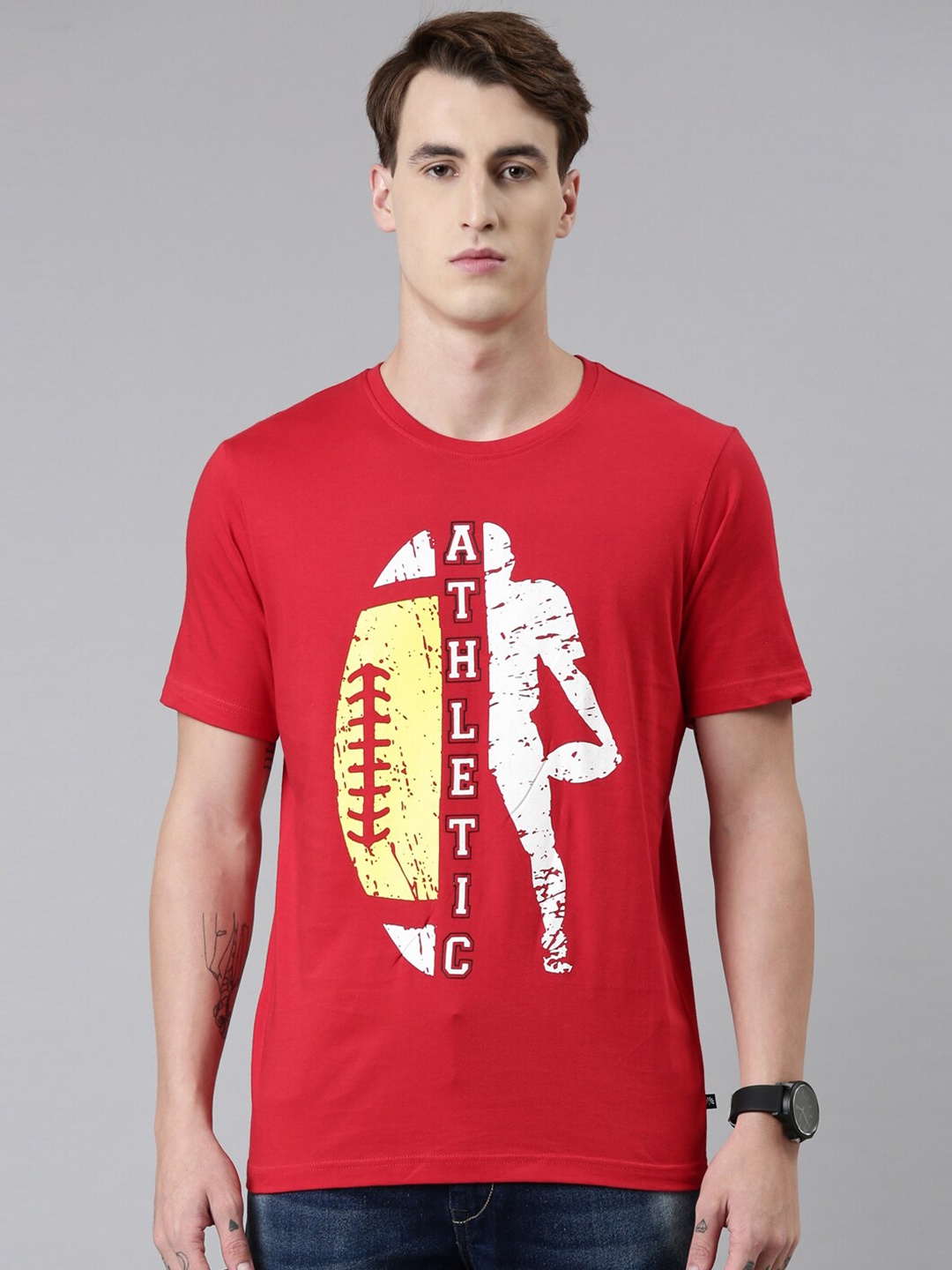 

Chennis Men Red & White Typography Printed Cotton T-shirt