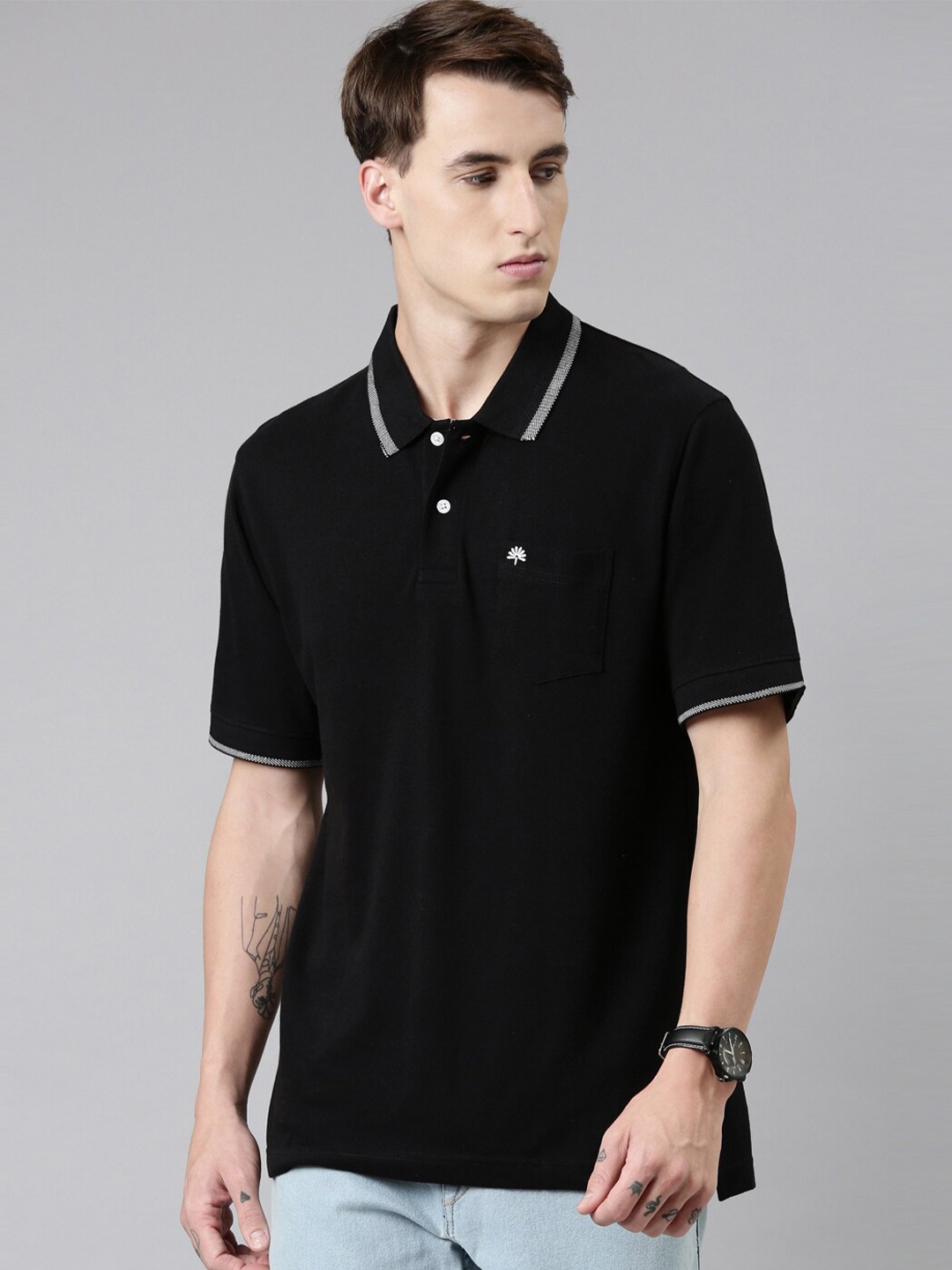 

Chennis Men Black & White Solid Cotton Polo Collar T-shirt