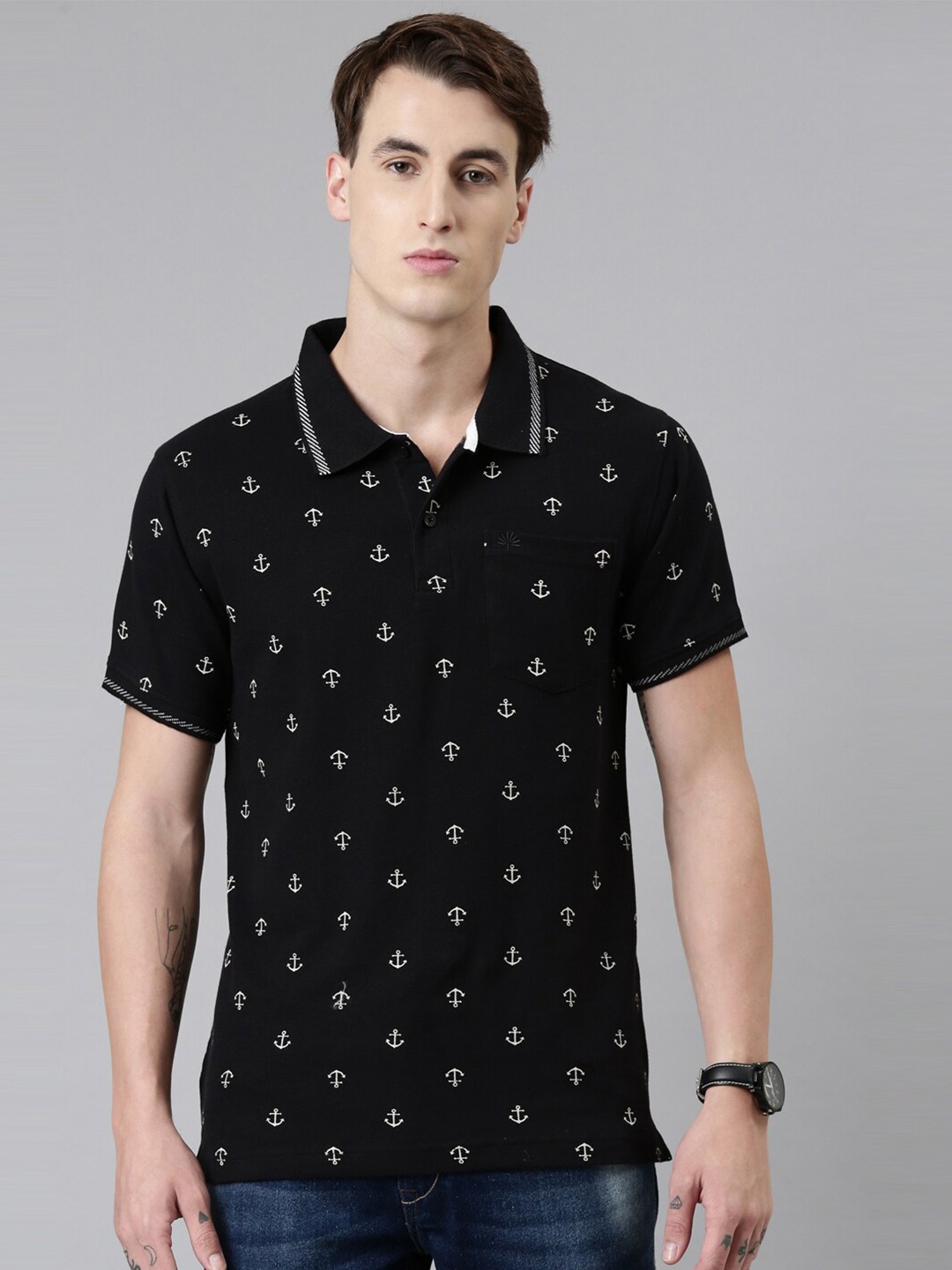 

Chennis Men Black Printed Cotton Polo Collar T-shirt