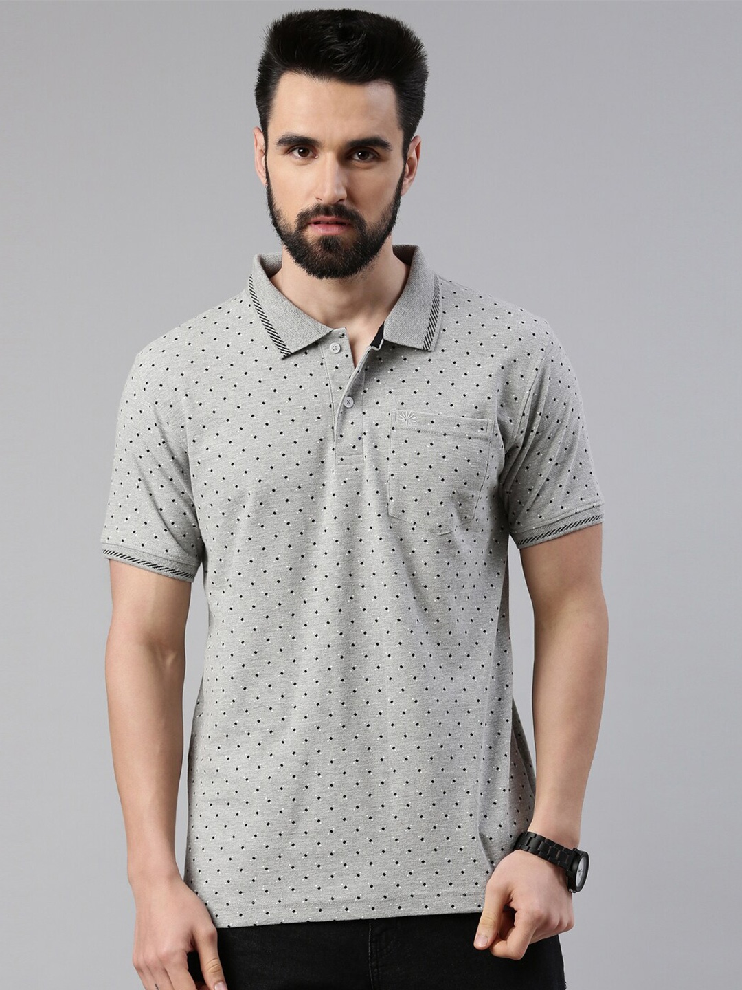 

Chennis Men Grey Melange Printed Cotton Polo Collar T-shirt