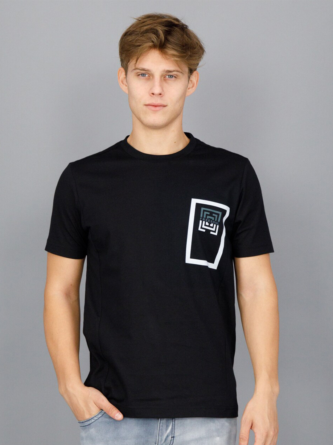 

FREESOUL Men Black Brand Logo Cotton T-shirt