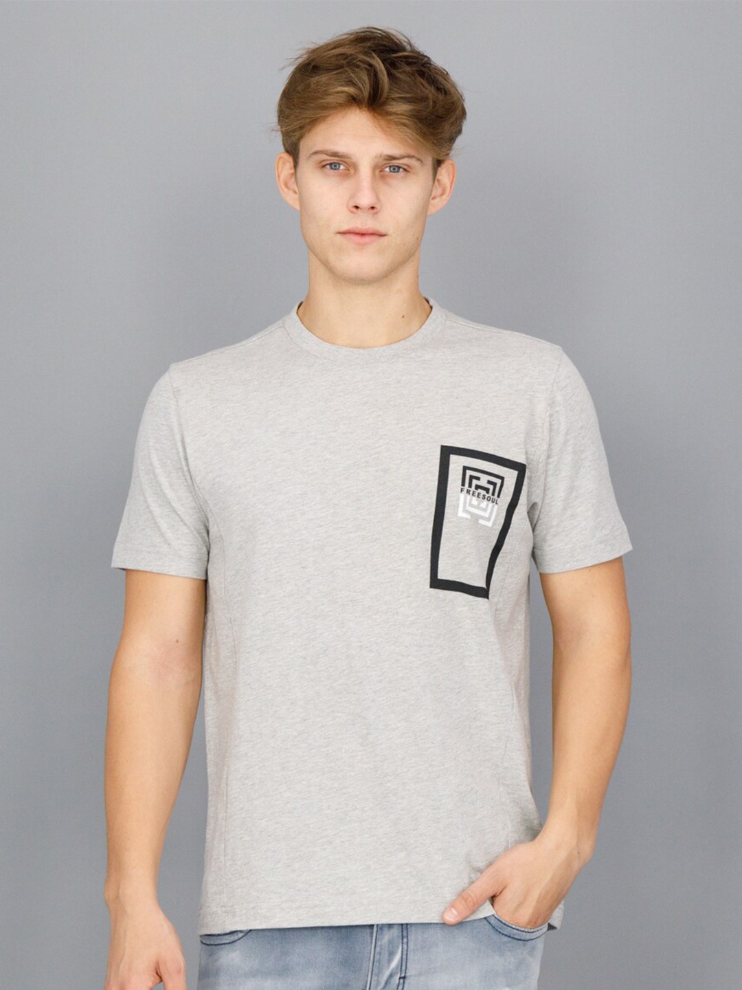 

FREESOUL Men Grey Brand Logo Cotton T-shirt