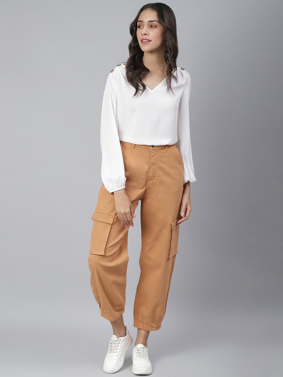 

TALES & STORIES Women Rust Cotton Cargos Trousers