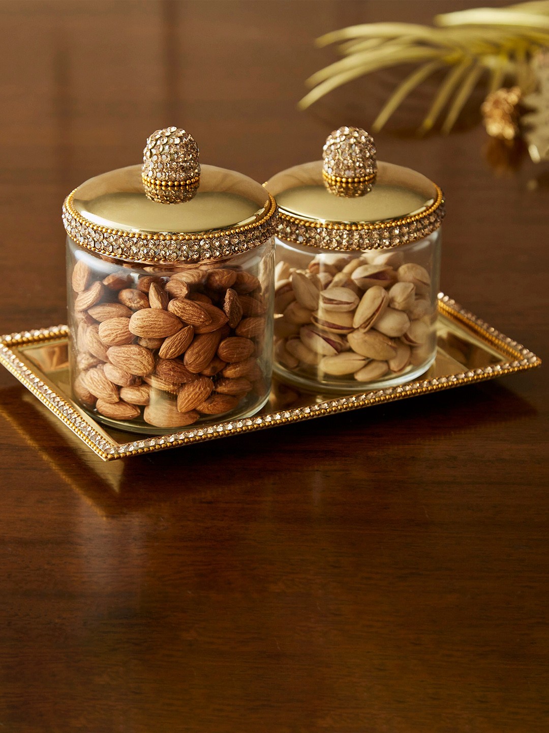 

Home Centre Fables3 Pieces Embellished Glass Canisters with Tray, Gold