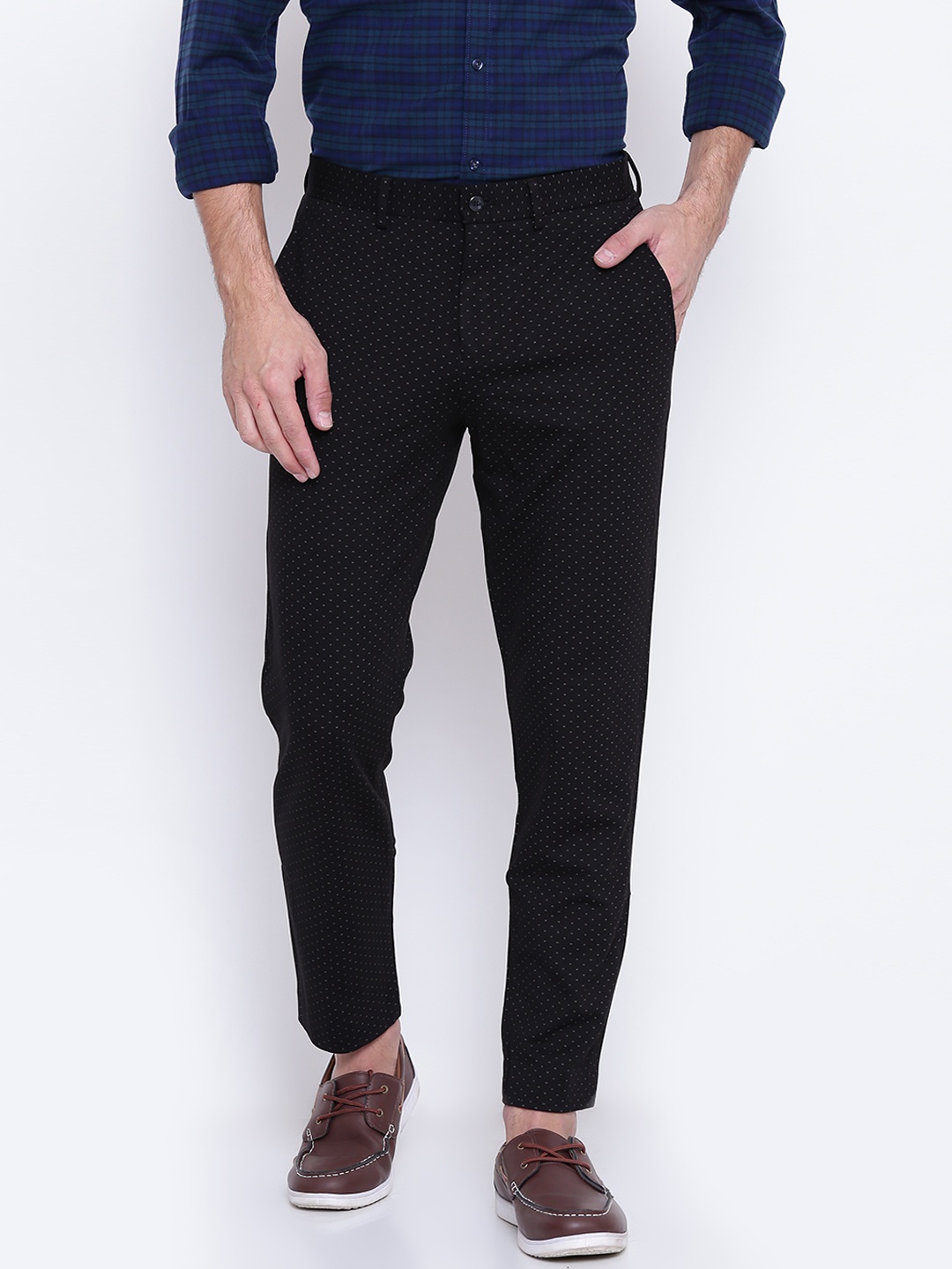 

Jack & Jones Men Black Self-Design Trousers