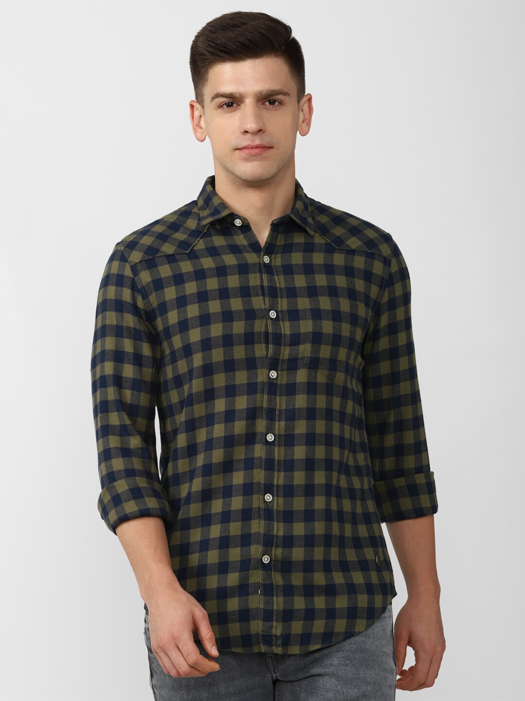 

Peter England Casuals Men Green Slim Fit Buffalo Checked Cotton Casual Shirt