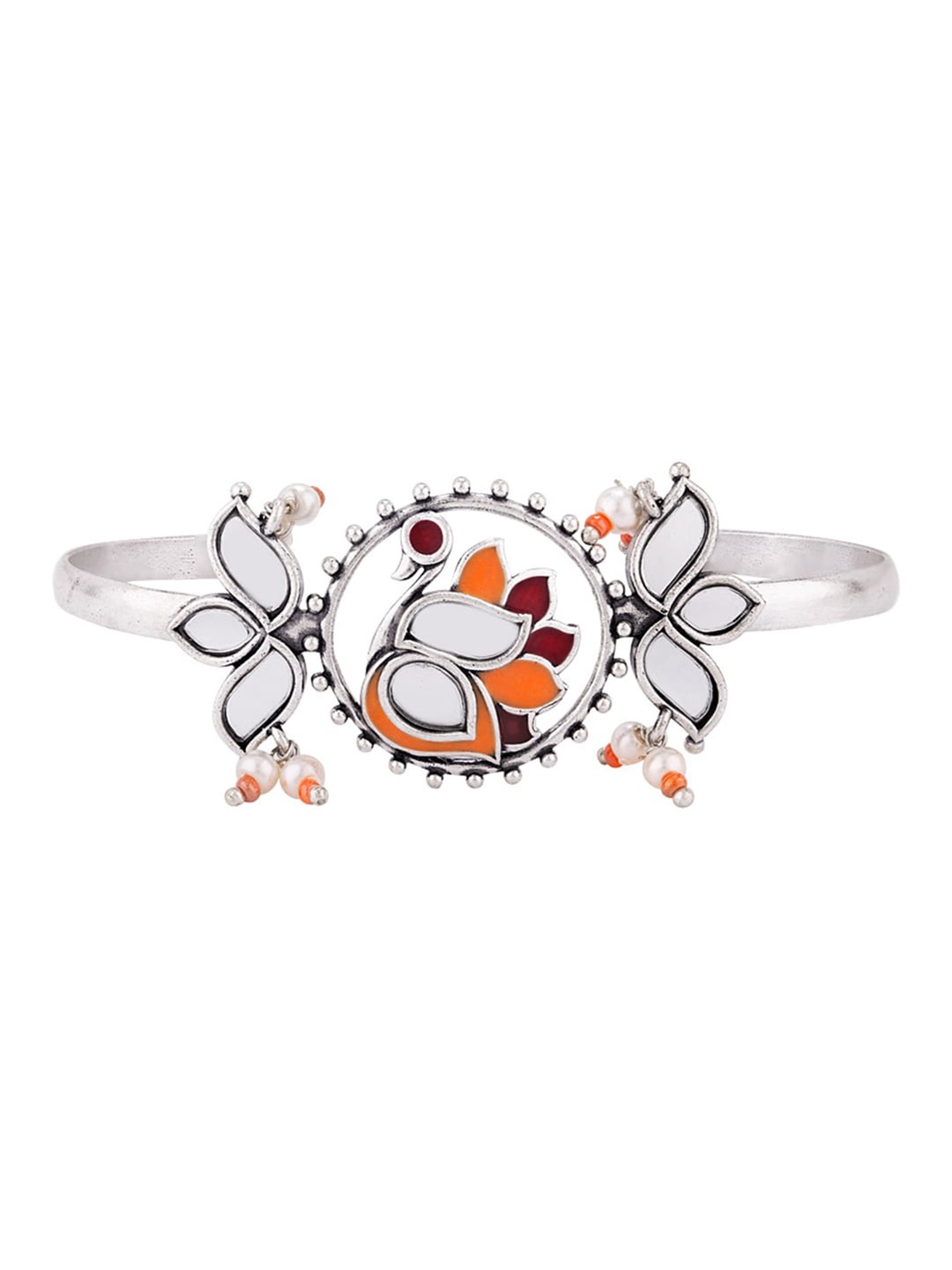 

Voylla Women Silver-Toned & Orange Brass Oxidised Silver-Plated Cuff Bracelet