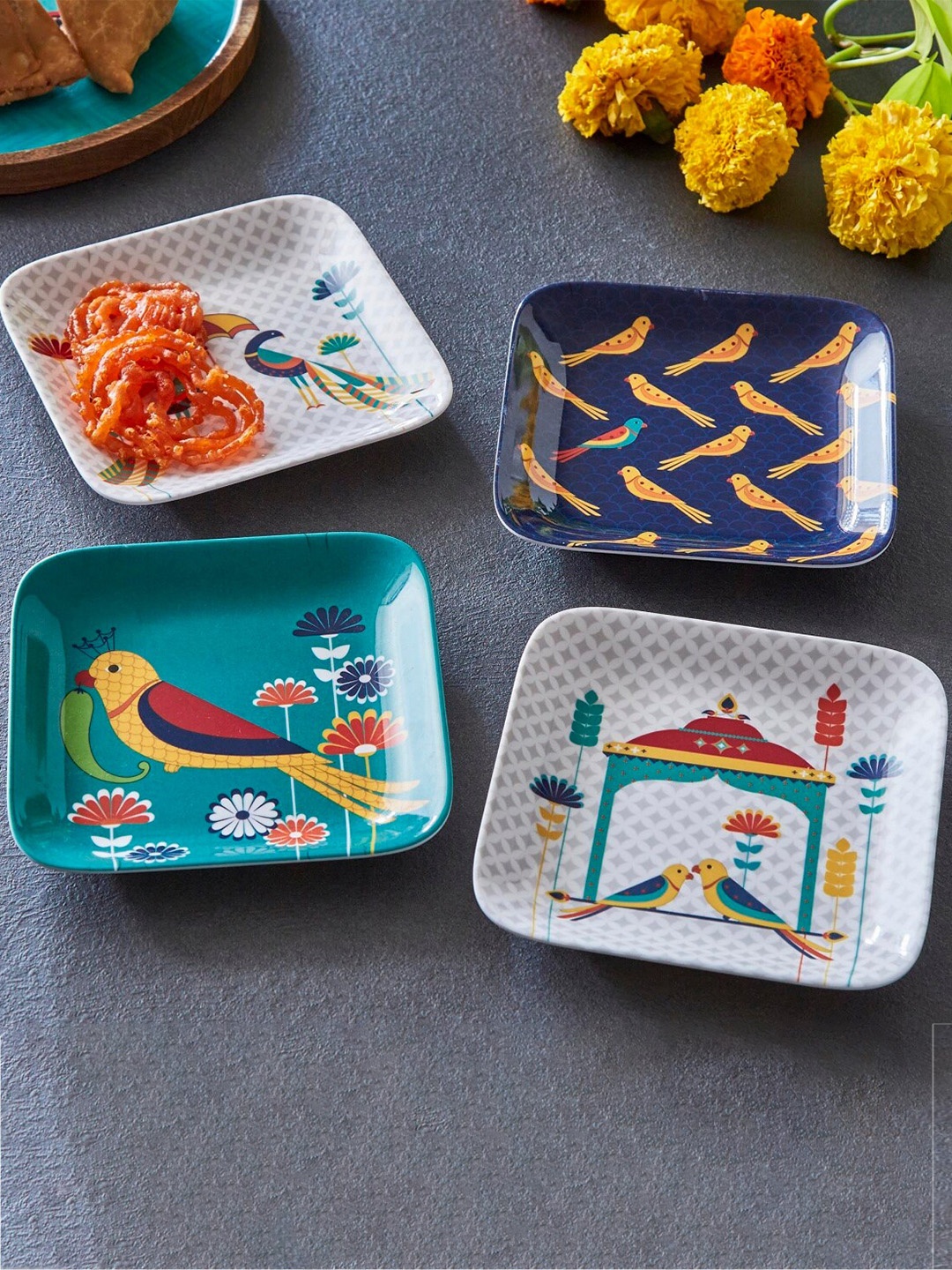 

Home Centre Set of 4 Assorted Printed Showstopper Melamine Square Platter