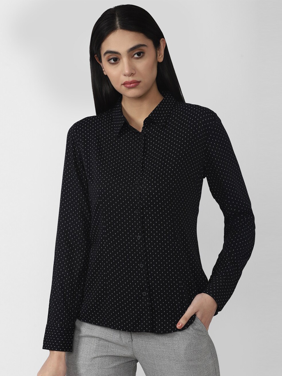 

Van Heusen Woman Women Black Slim Fit Printed Casual Shirt