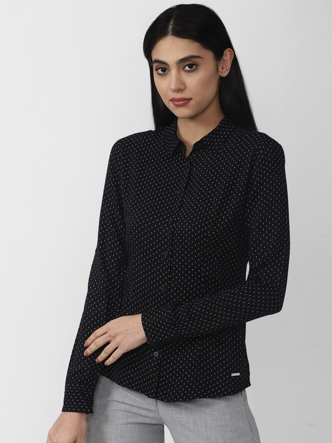 

Van Heusen Woman Women Black Slim Fit Printed Casual Shirt