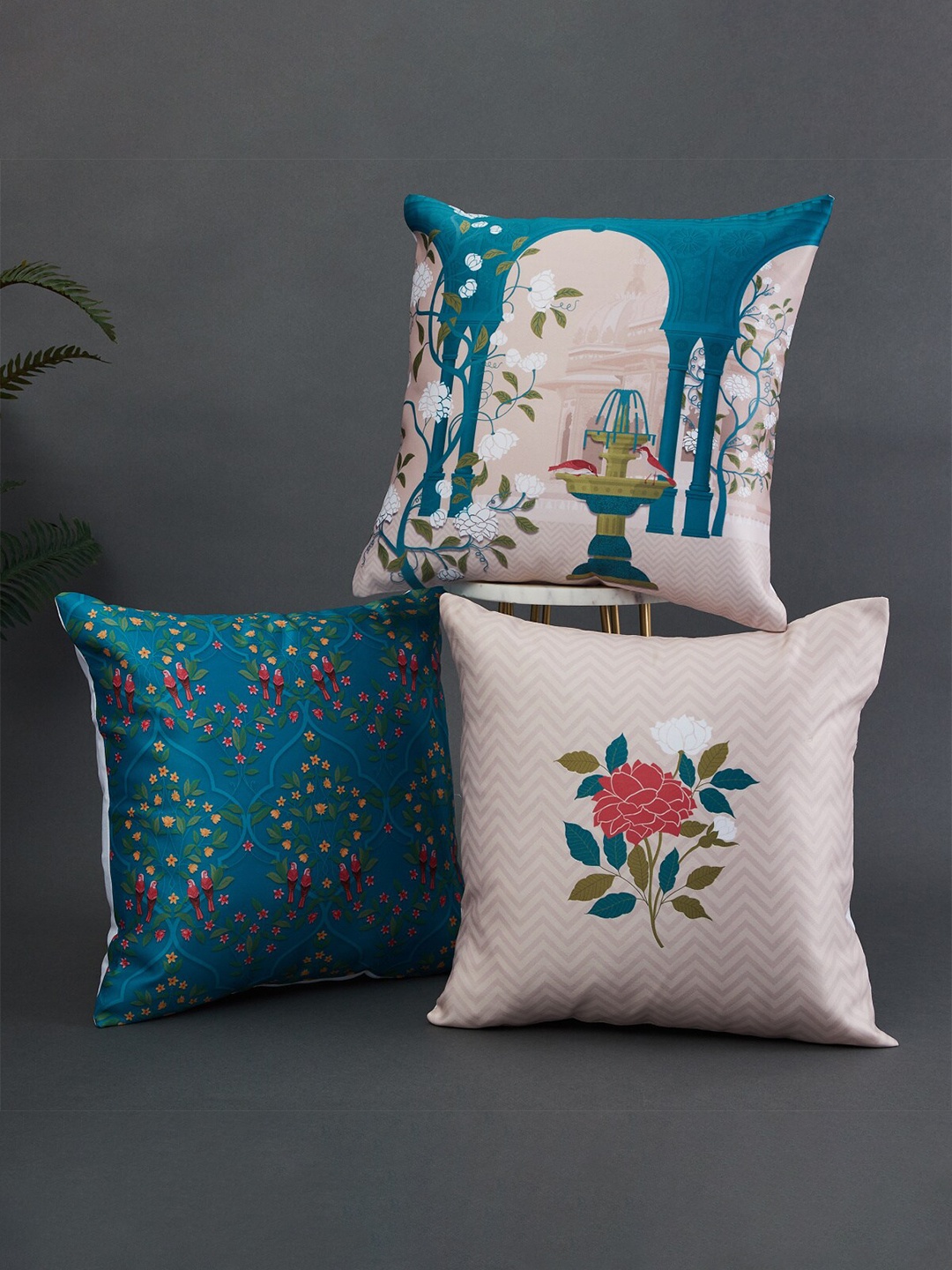 

Home Centre Set of 3 Floral Print Square Cushion Covers, Teal