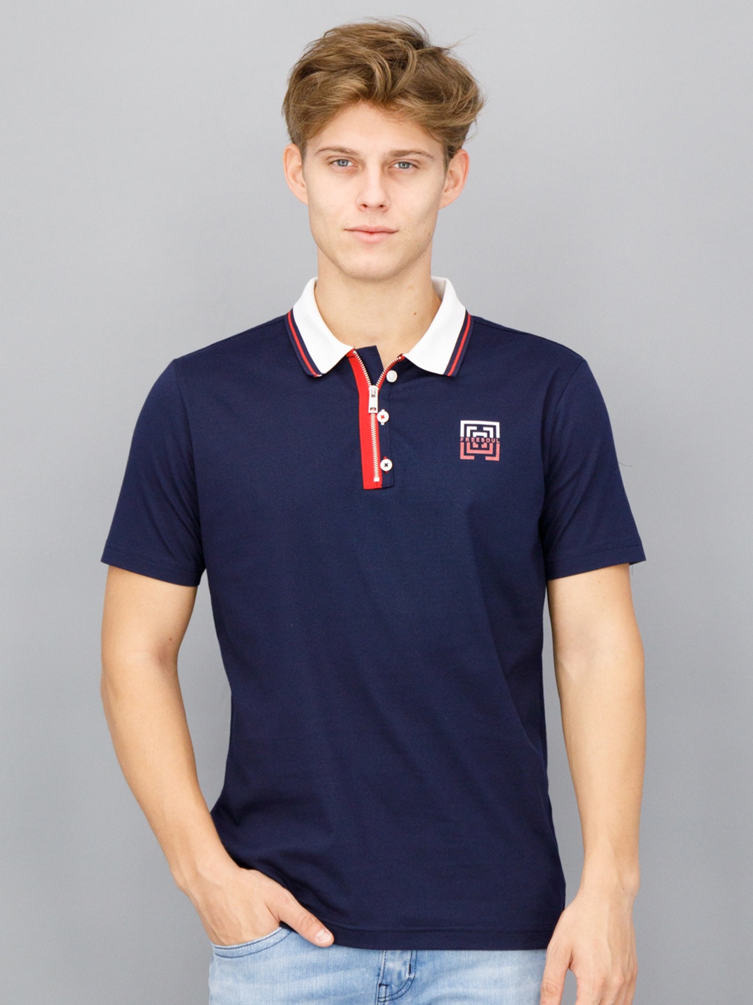

FREESOUL Men Grey Brand Logo Cotton Polo Collar T-shirt