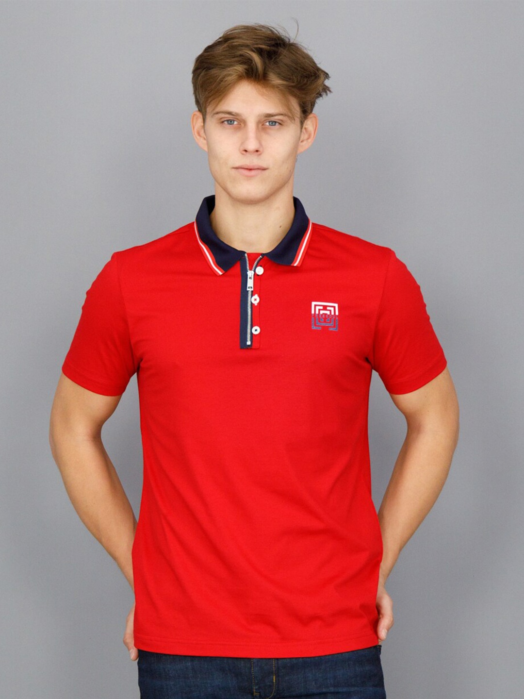 

FREESOUL Men Red Brand Logo Cotton Polo Collar T-shirt