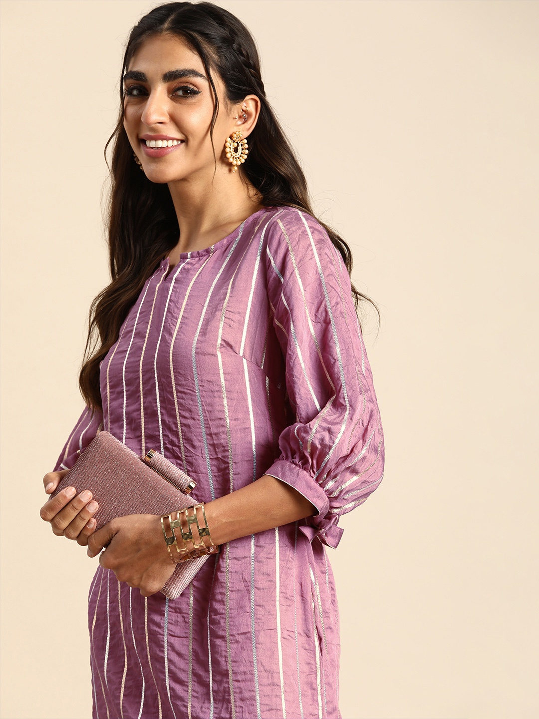 

Sangria Women Purple & Golden Striped Jacquard Chanderi Silk Kurta