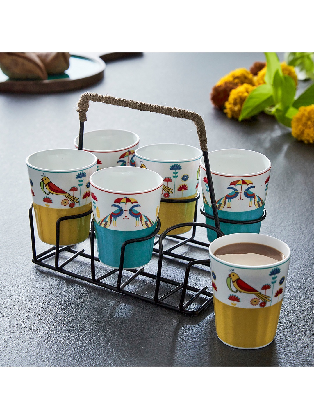

Home Centre Set of 6 Blue & Yellow Dishwasher Safe Bone China Chai Set Tumbler 210ml each