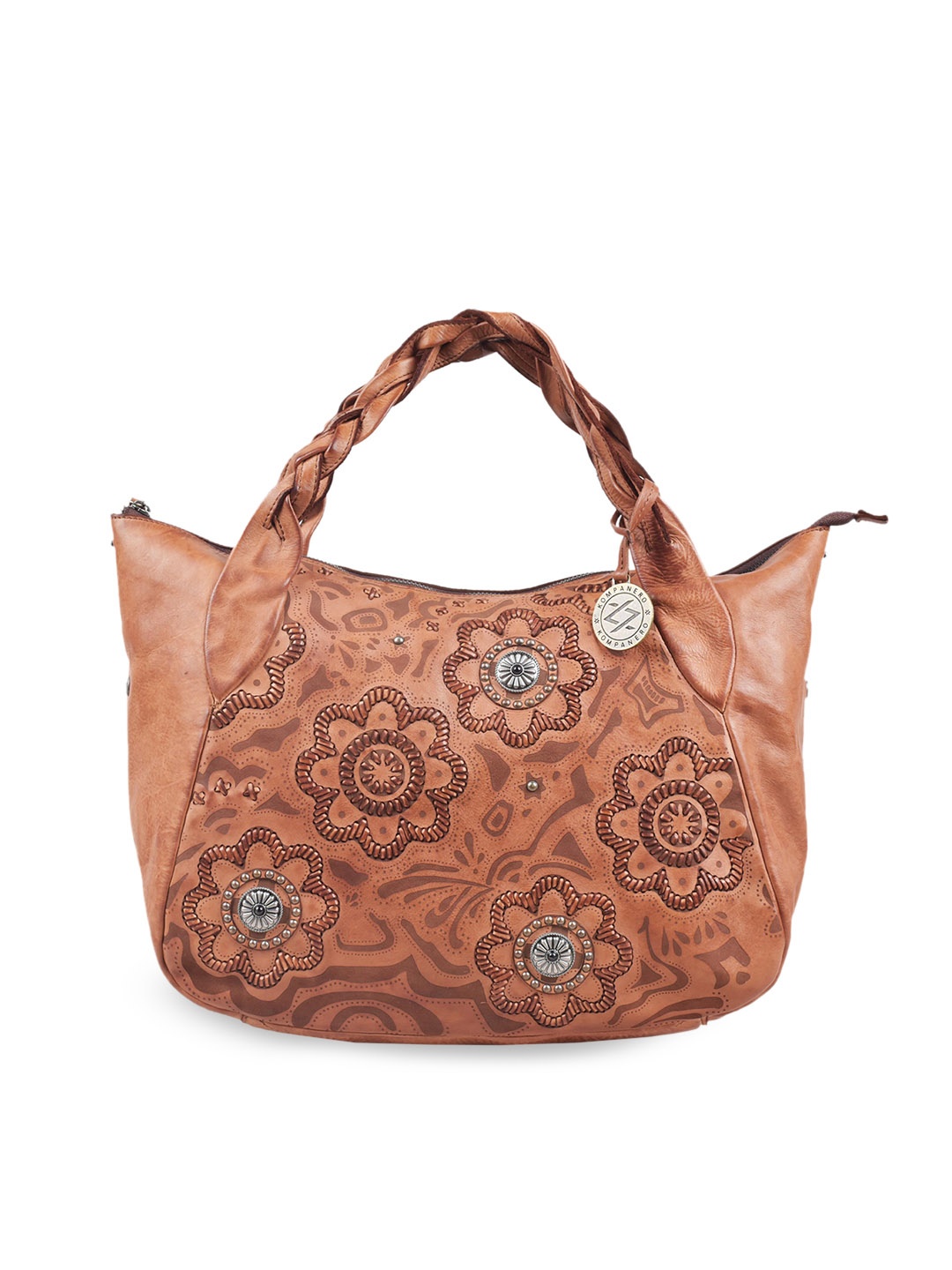 

KOMPANERO Brown Floral Leather Shopper Handheld Bag