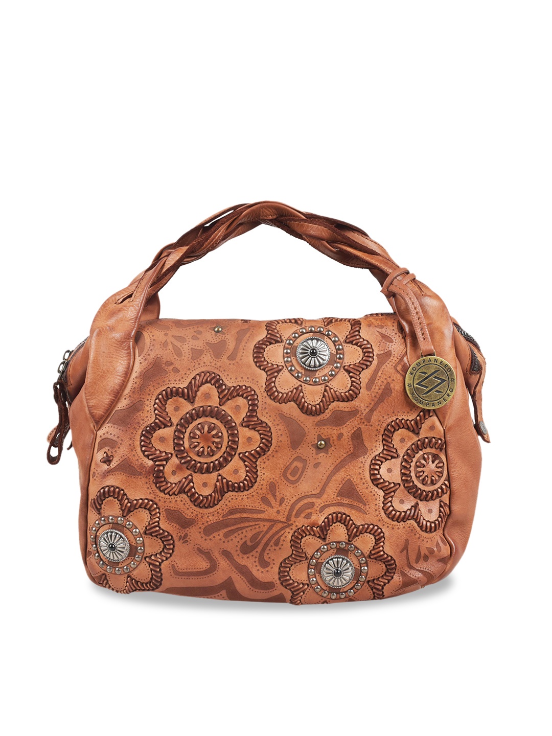 

KOMPANERO Brown Floral Leather Structured Handheld Bag