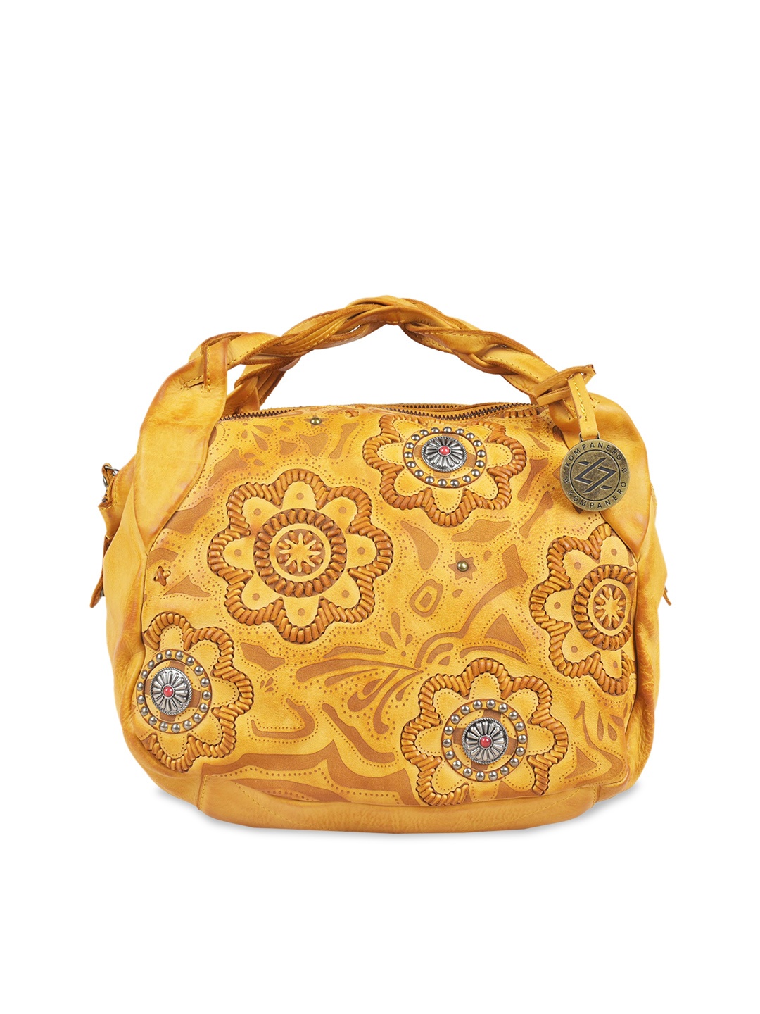

KOMPANERO Mustard Floral Leather Lace Handheld Bag
