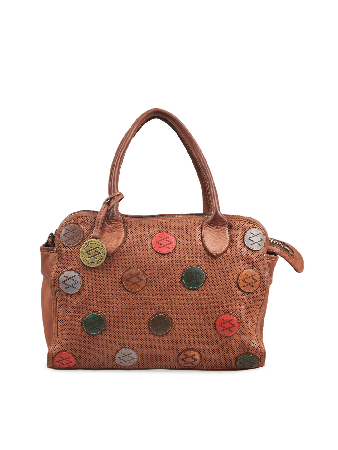 

KOMPANERO Brown Leather Handheld Bag with Applique