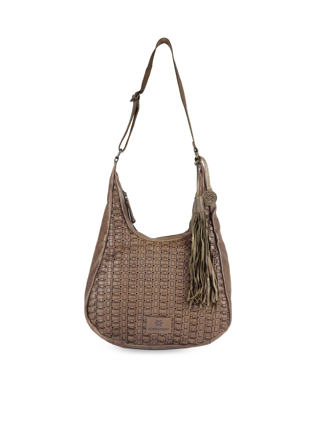 

KOMPANERO Olive Green Leather Structured Hobo Bag with Tasselled