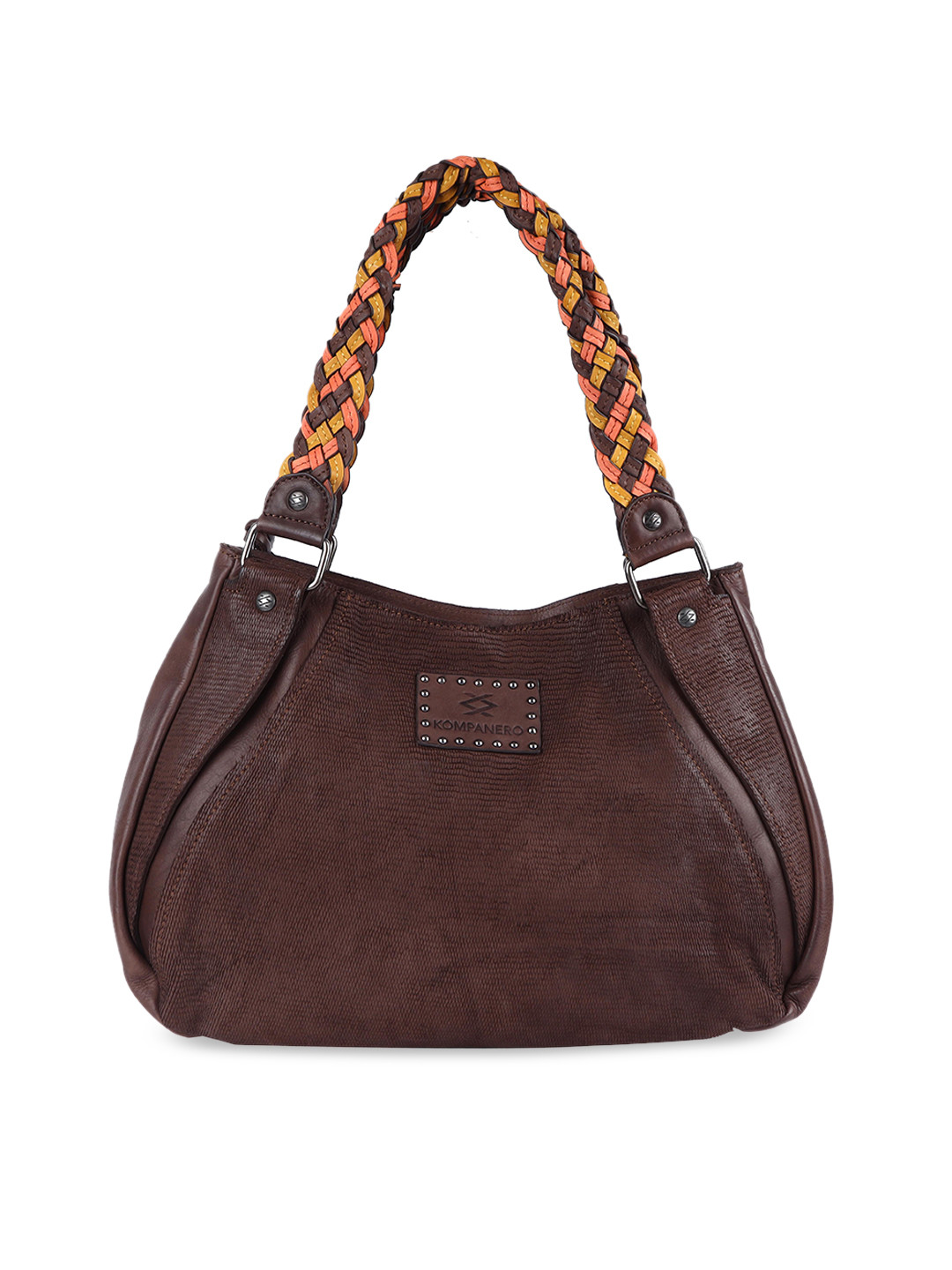 

KOMPANERO Brown Floral Leather Structured Hobo Bag