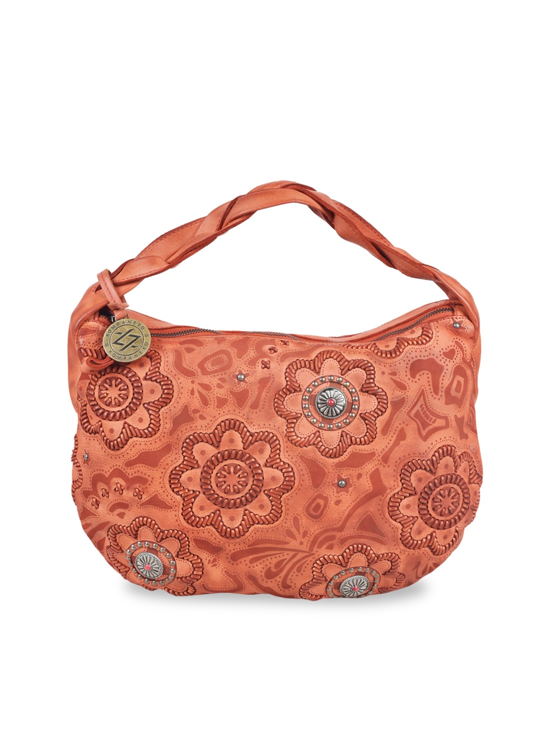 

KOMPANERO Orange Floral Leather Shopper Handheld Bag