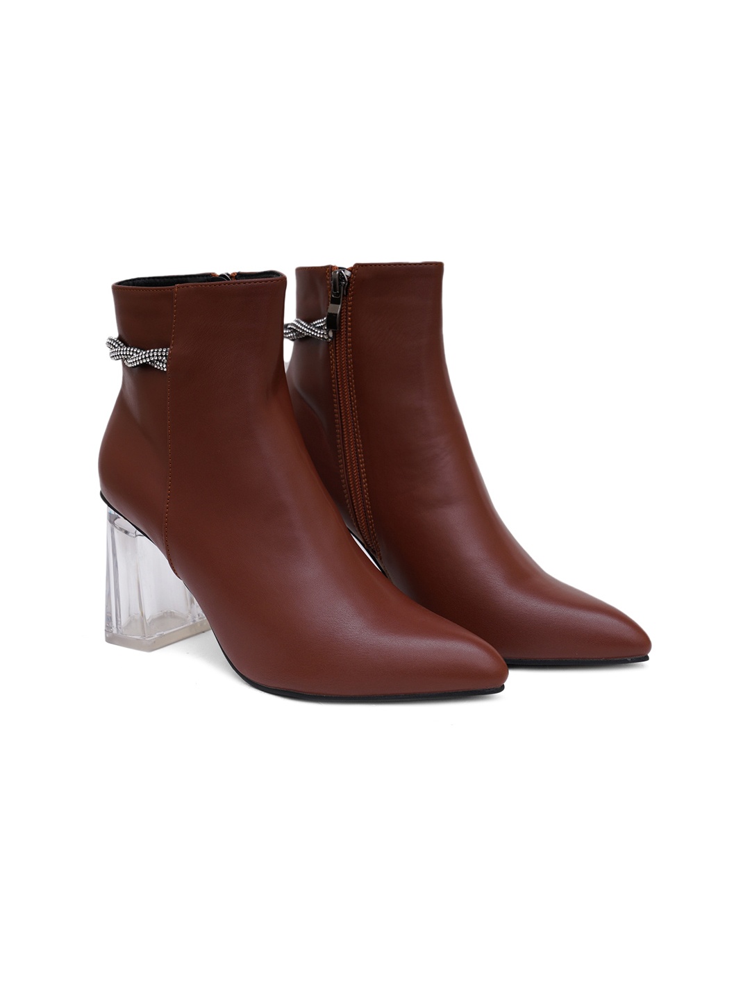 

SHUZ TOUCH Women Brown & Transparent Embellished Block Heel Boots