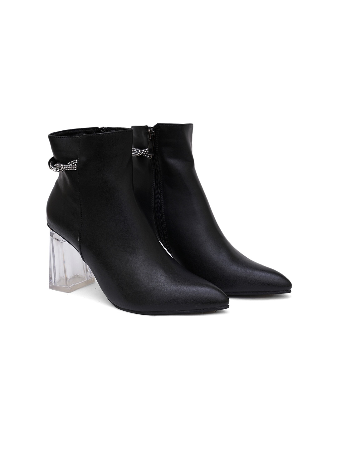 

SHUZ TOUCH Women Black Solid Mid-Top Block Heel Boots with Embellished Detail