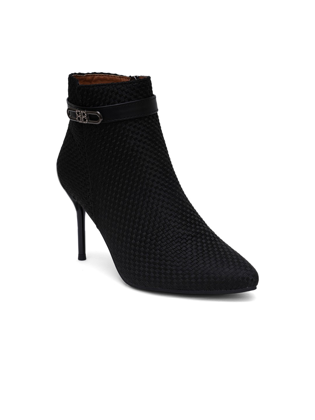 

SHUZ TOUCH Women Black Basket Weave Textured Pointed Toe Slim Heels Boots