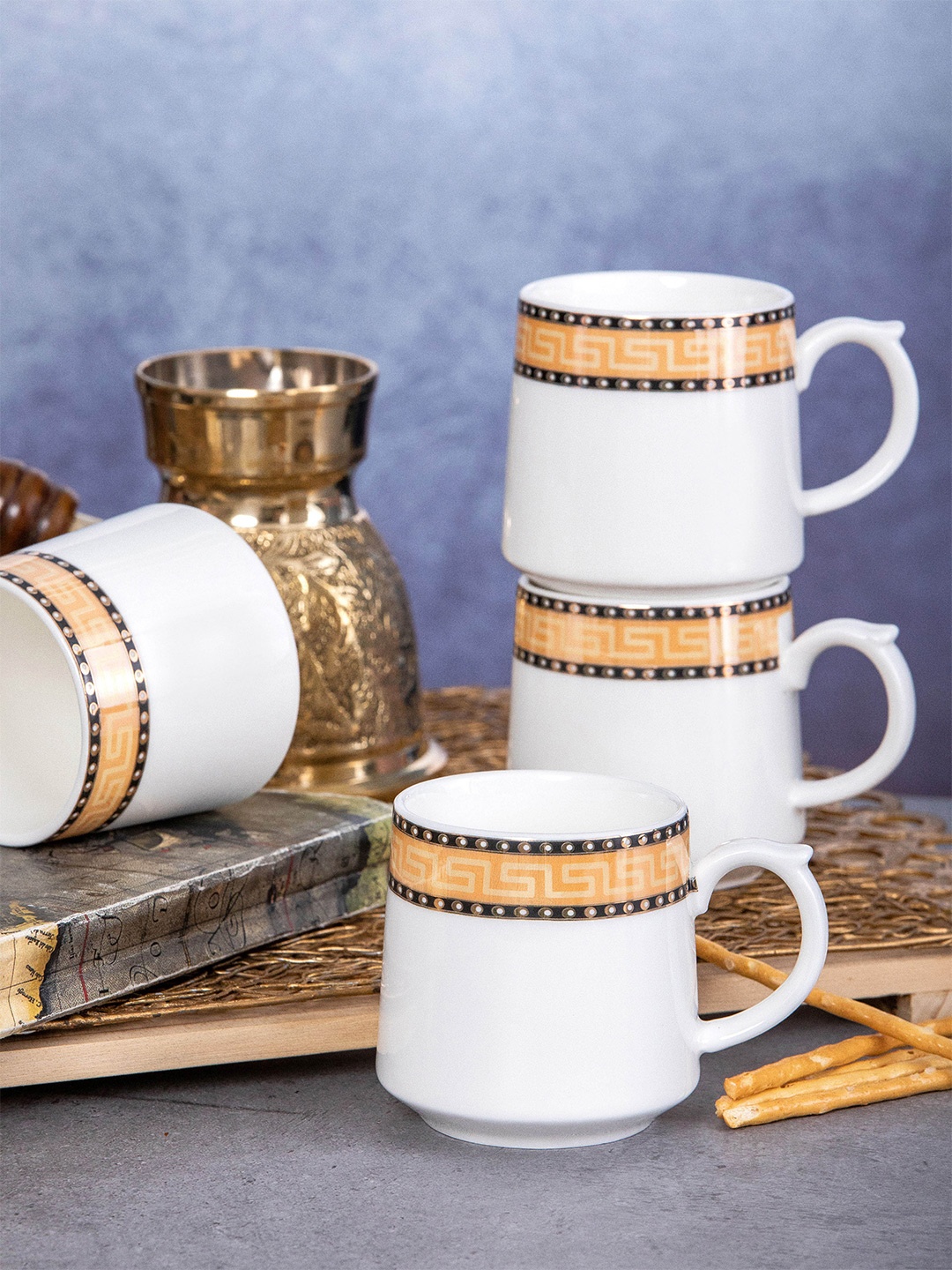 

White Gold White & Black Set of 6 Printed Porcelain Glossy Mugs 180 ml Each