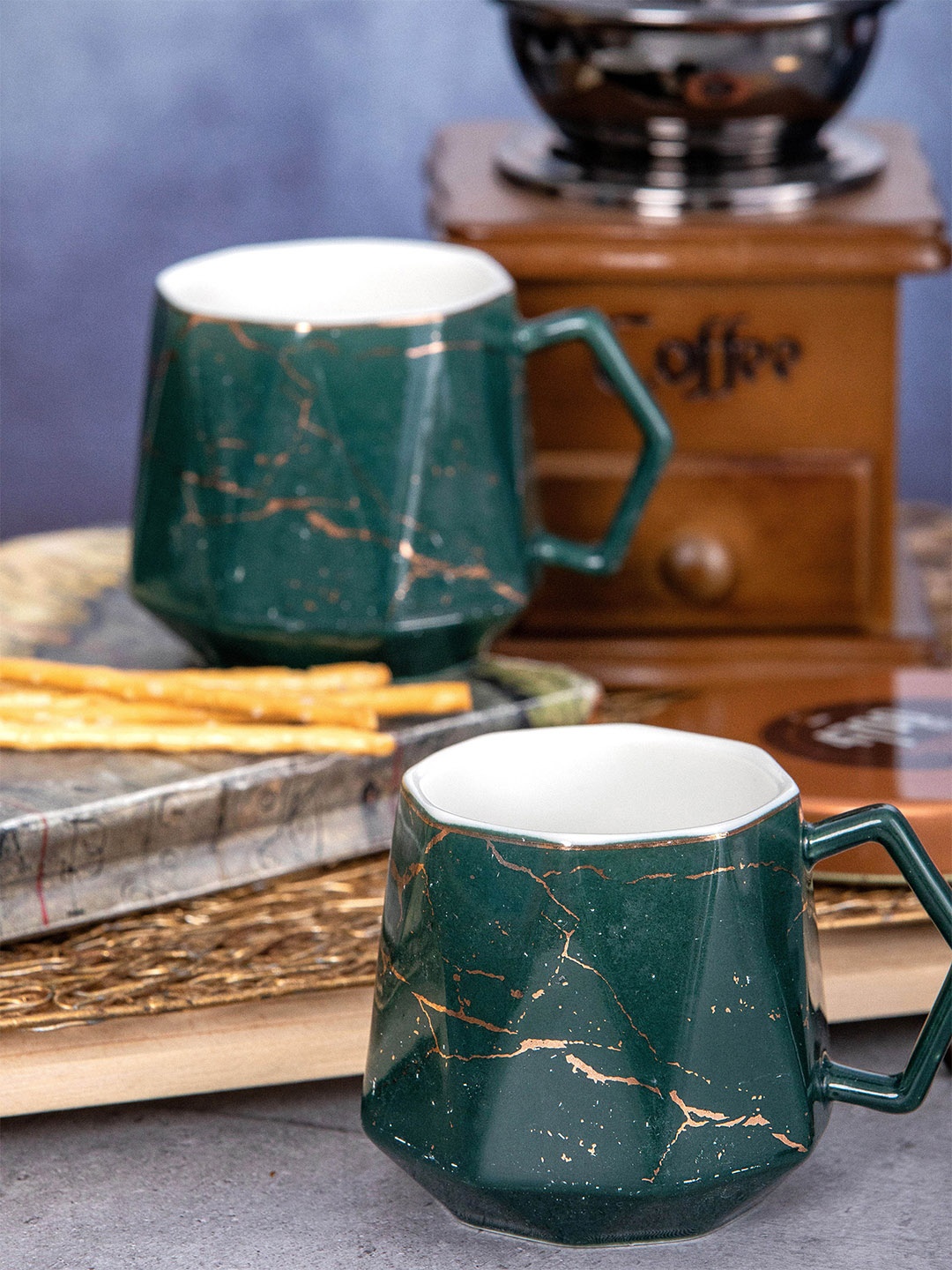 

White Gold Green & White Set of 6 Printed Porcelain Glossy Mugs 180 ml Each