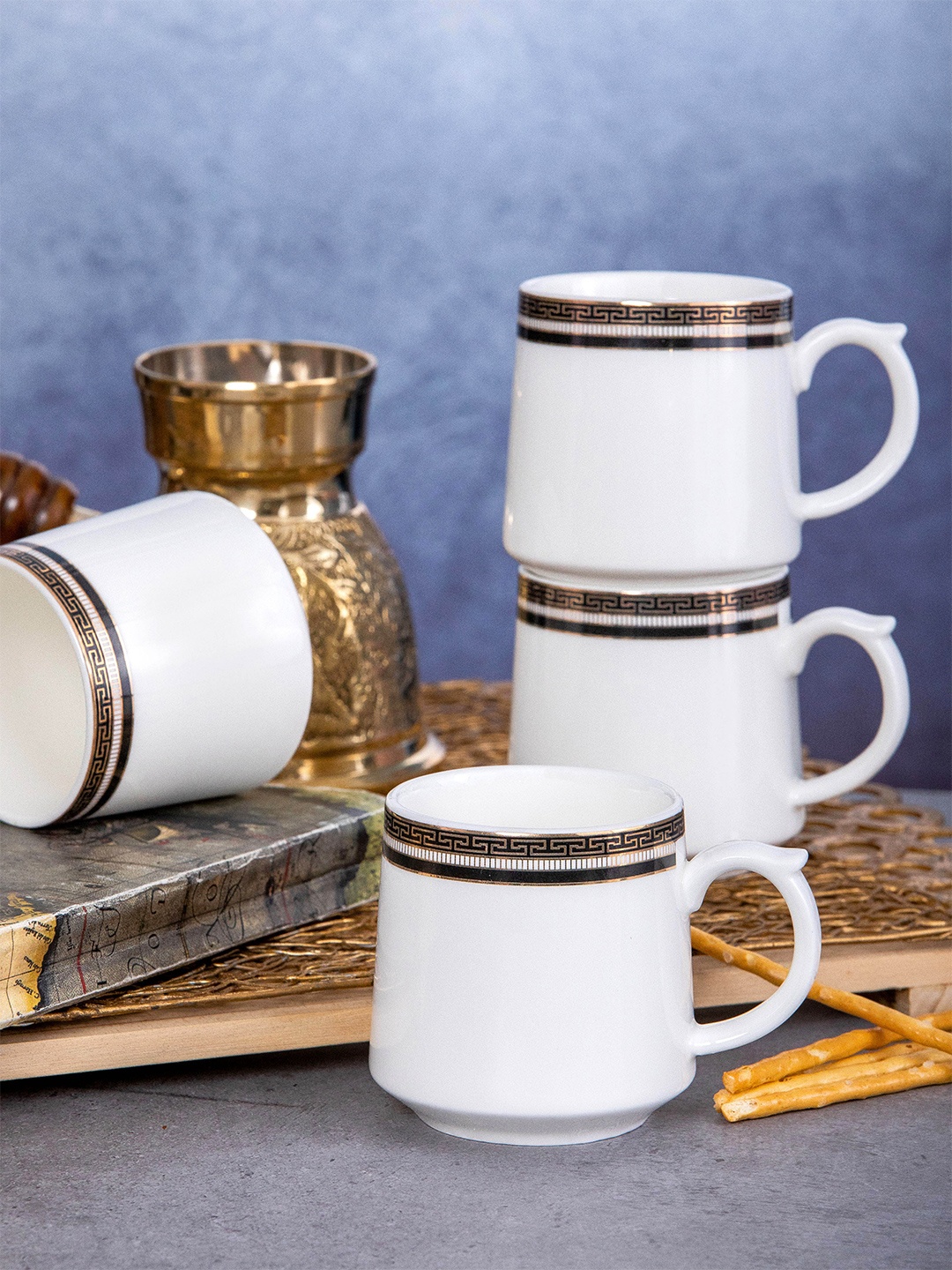 

White Gold White & Black Set of 6 Printed Porcelain Glossy Mugs 180 ml Each