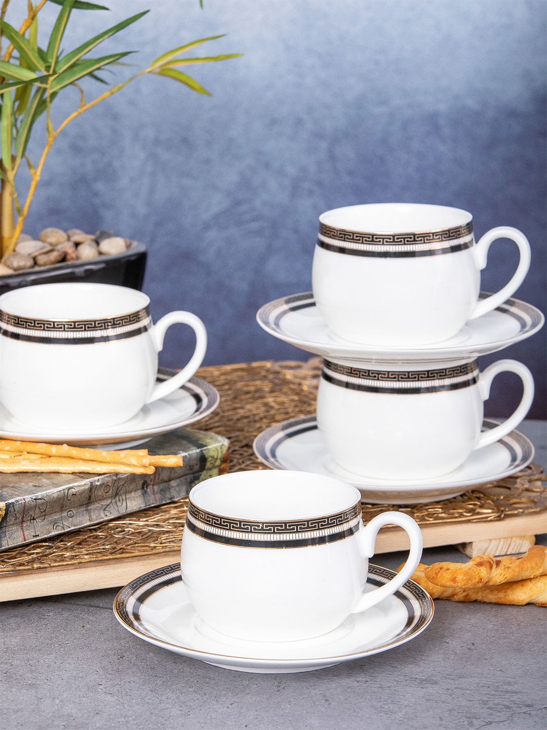 

White Gold White & Black Set Of 6 Printed Porcelain Glossy Cups and Saucers 160 Each