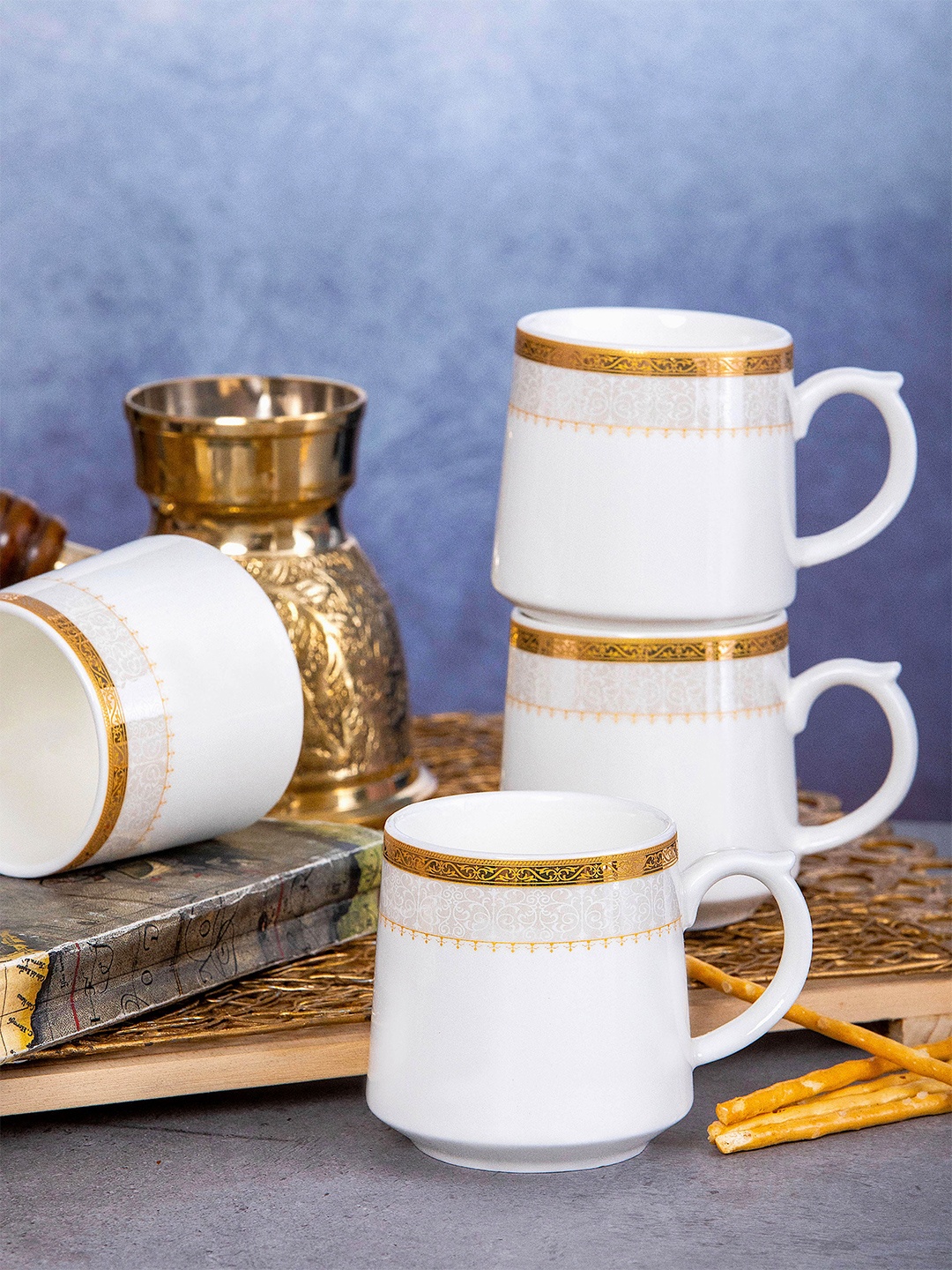 

White Gold White Set of 6 Printed Porcelain Glossy Mugs 180 ml Each