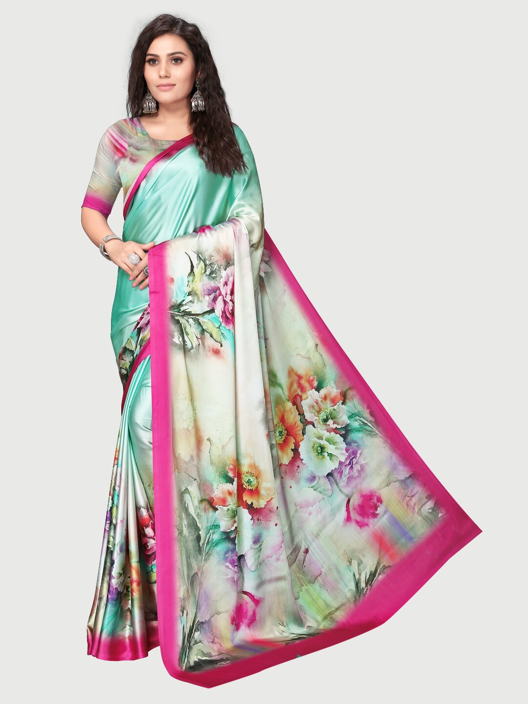 

Rekha Maniyar Blue & Pink Floral Satin Saree