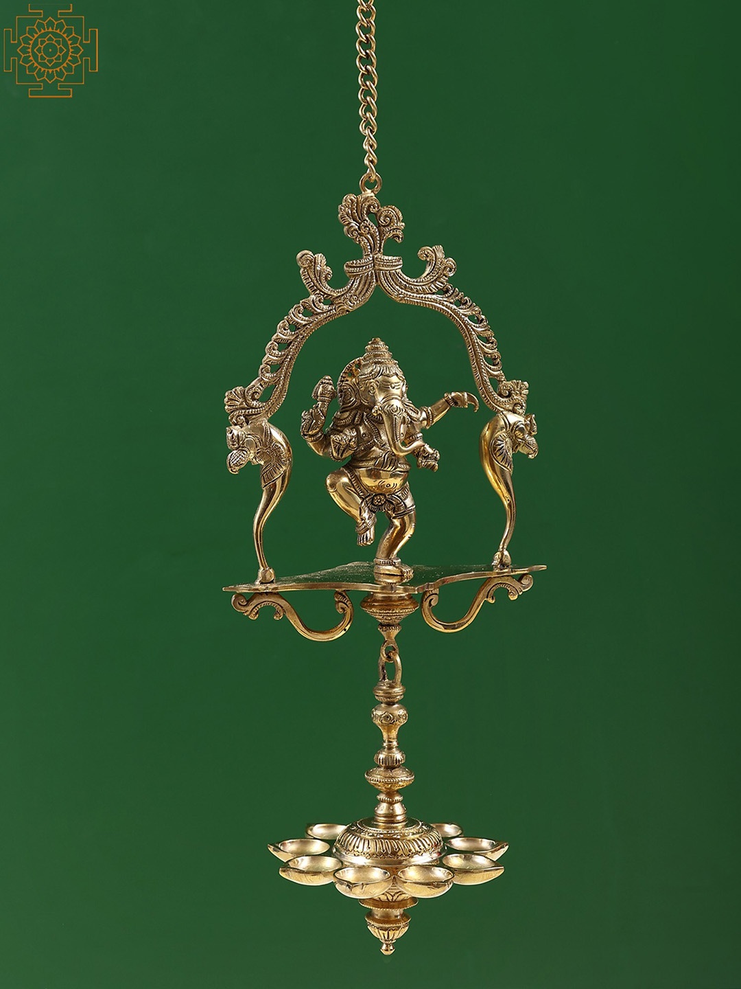 

Exotic India 15" Brass Dancing Ganesha with Hanging Diya, Gold