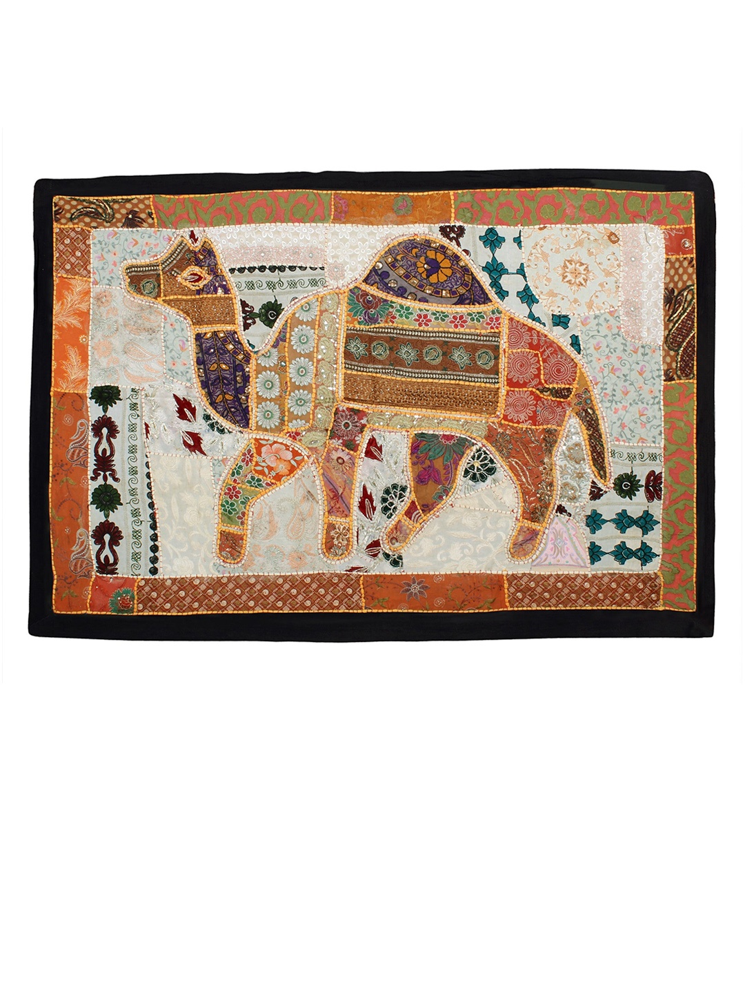 

Exotic India Animal Motif Embroidered Kantha Patchwork Wall Tapestry, Beige