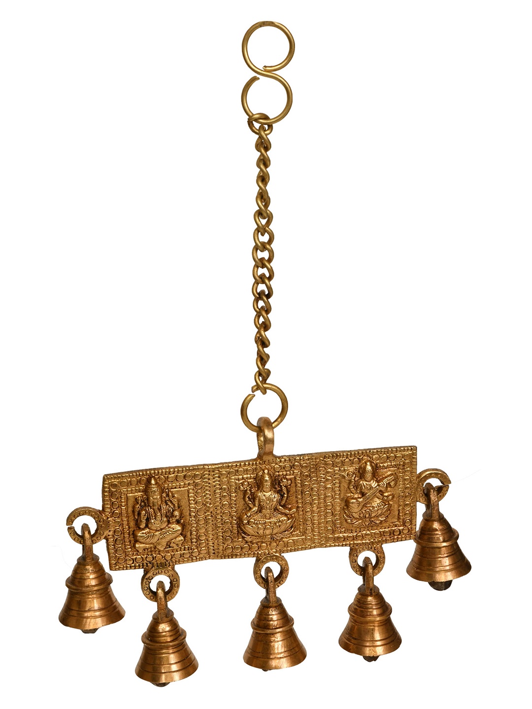 

Exotic India 12" Brass Lakshmi Ganesha and Saraswati Hanging Bells, Gold