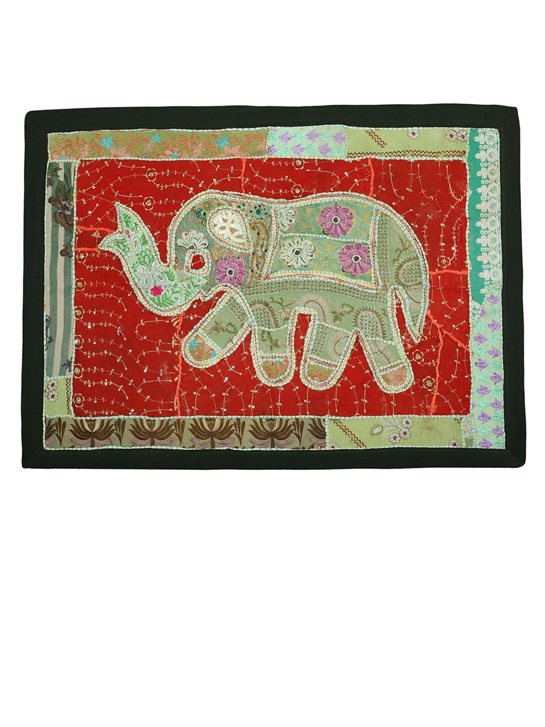 

Exotic India Elephant Motif Embroidered Kantha Patchwork Wall Tapestry, Rust