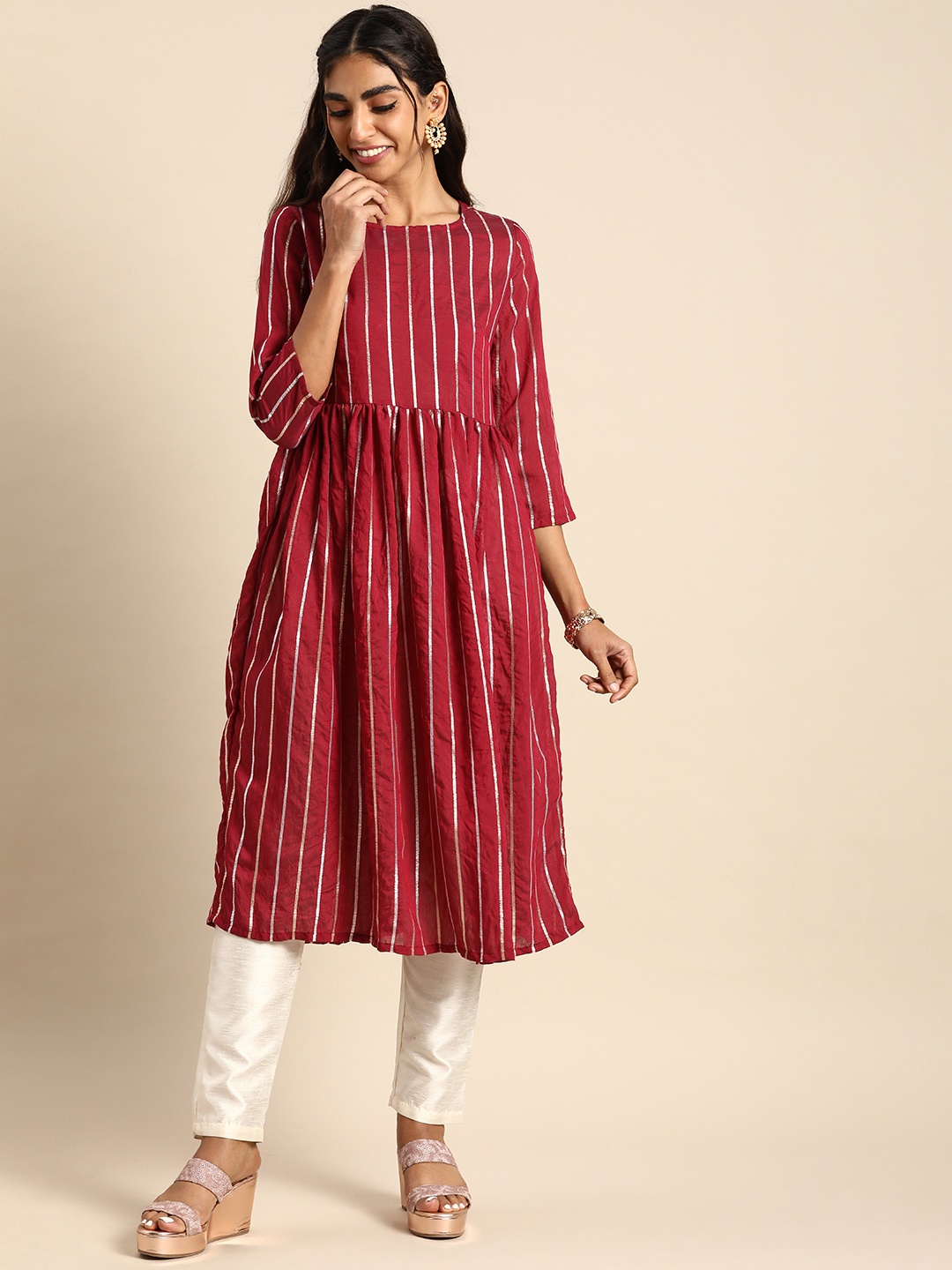 

Sangria Women Red & Silver-Toned Striped Jacquard Chanderi Silk Anarkali Kurta