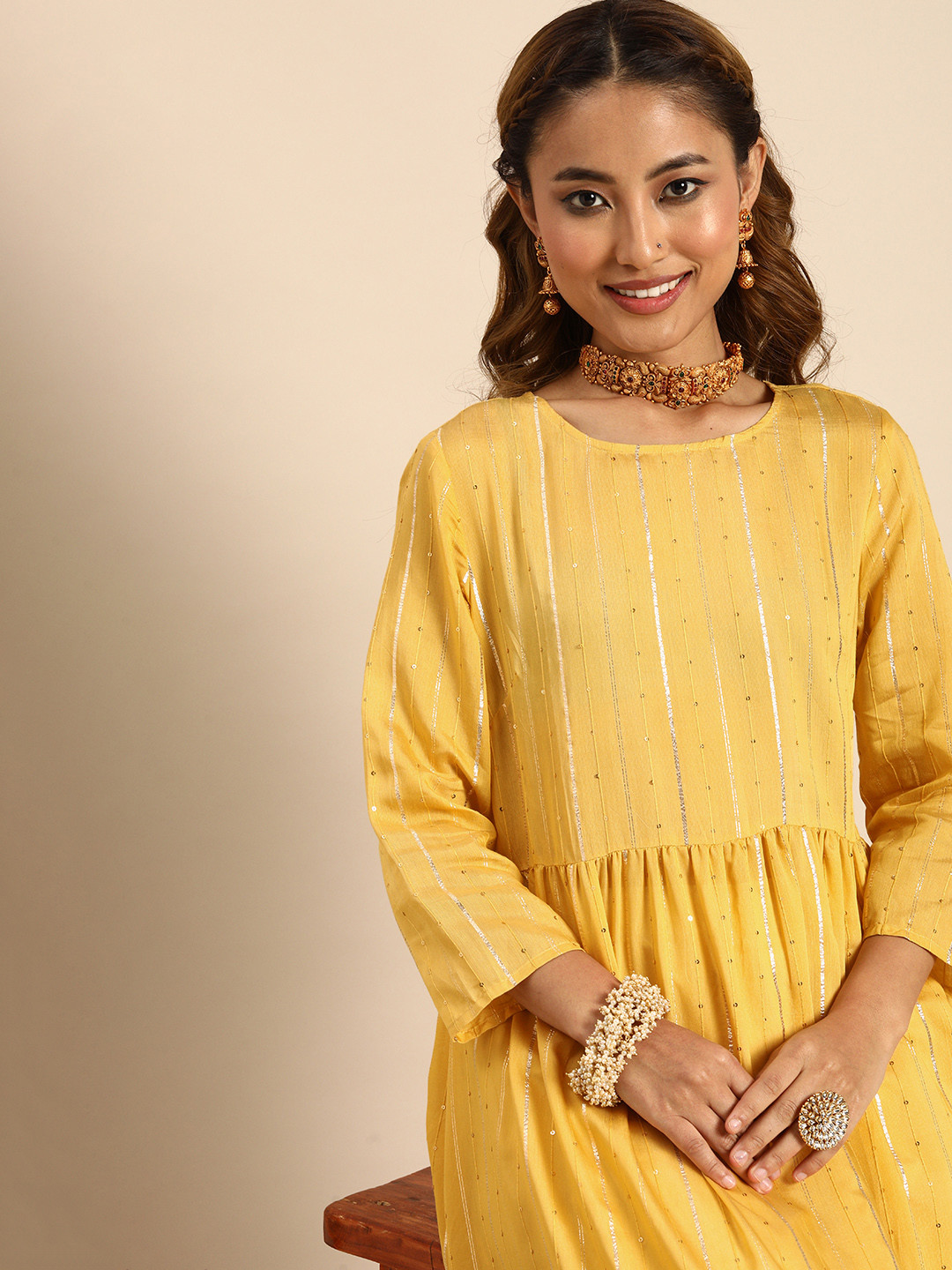 

Sangria Women Yellow Sequined Jacquard Chanderi Silk Anarkali Kurta