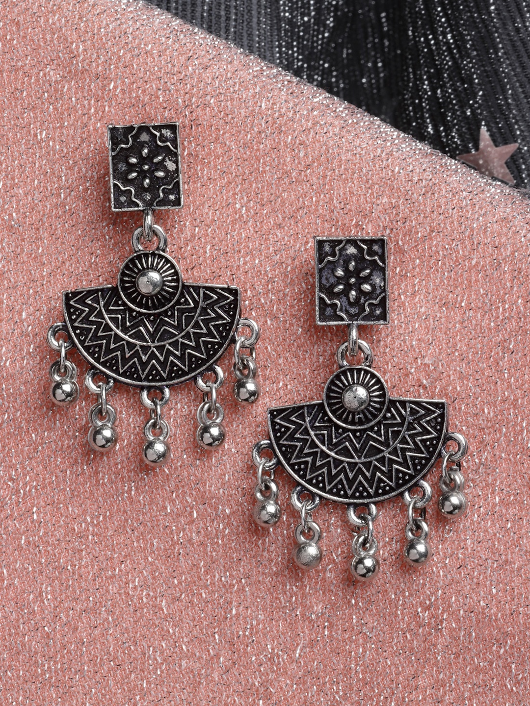 

PANASH Women Black & Silver-Toned Crescent Shaped Drop Earrings