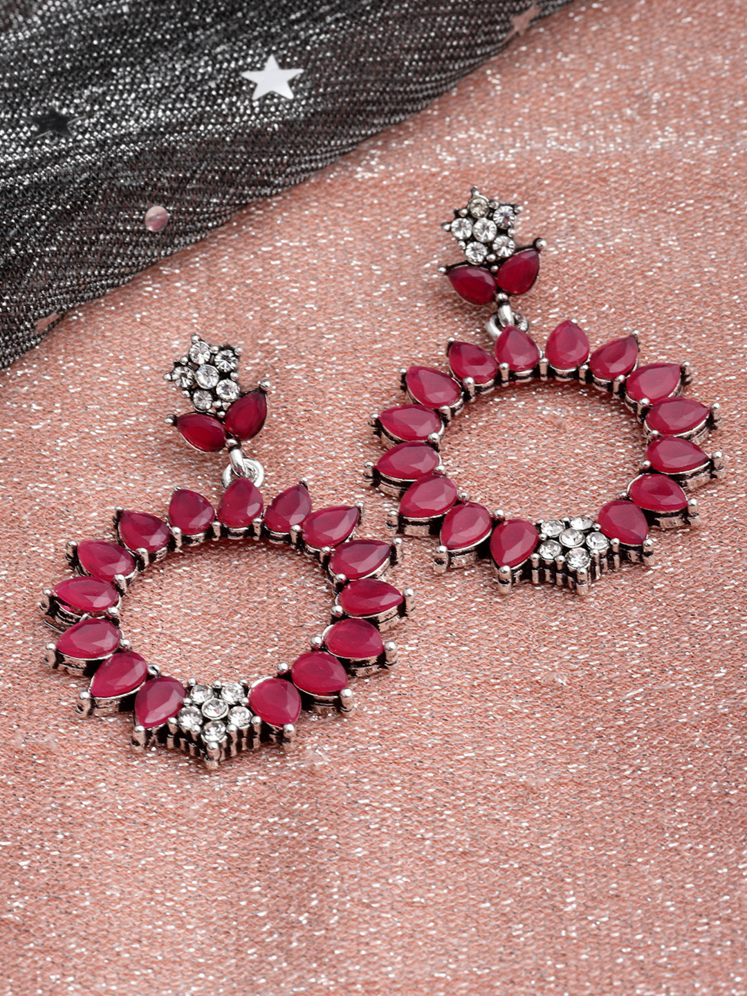 

PANASH Women Silver-Toned & Maroon Circular Drop Earrings