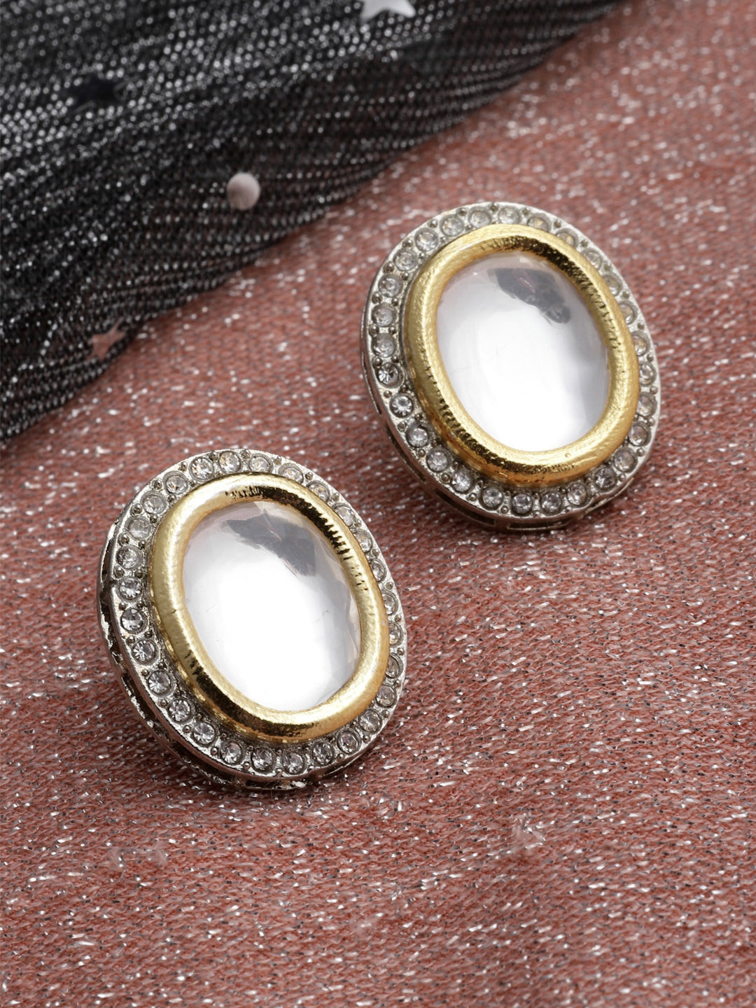 

PANASH Women Gold-Toned & White Oval Studs Earrings