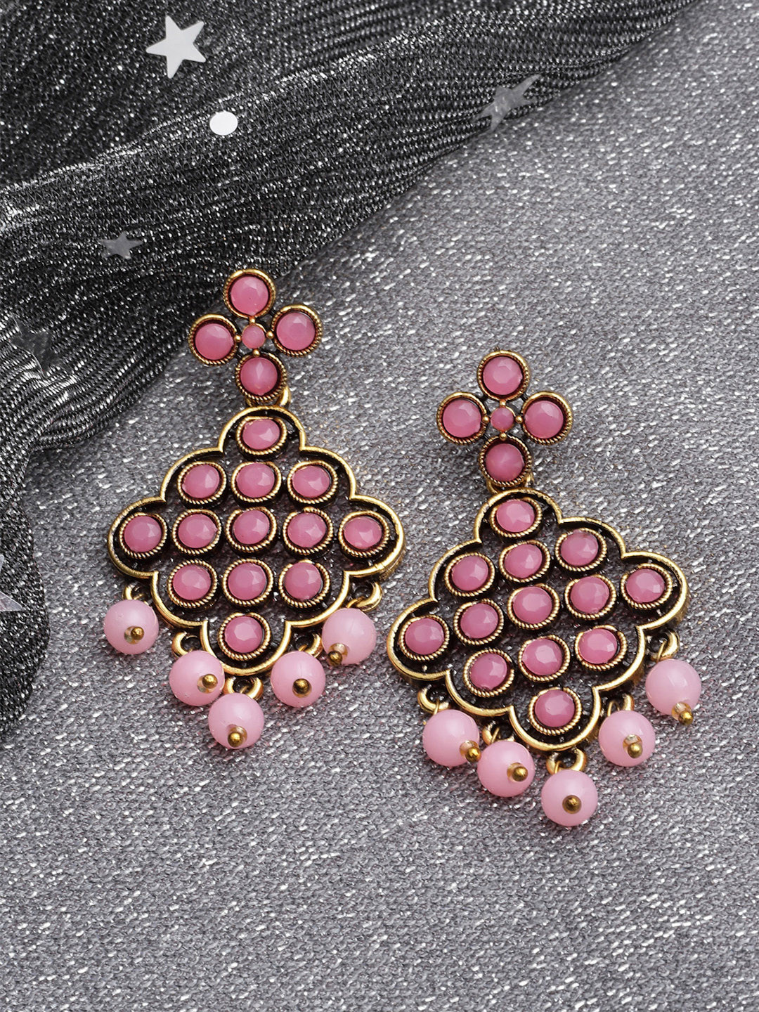 

PANASH Women Gold-Toned Pink Stone Contemporary Drop Earrings