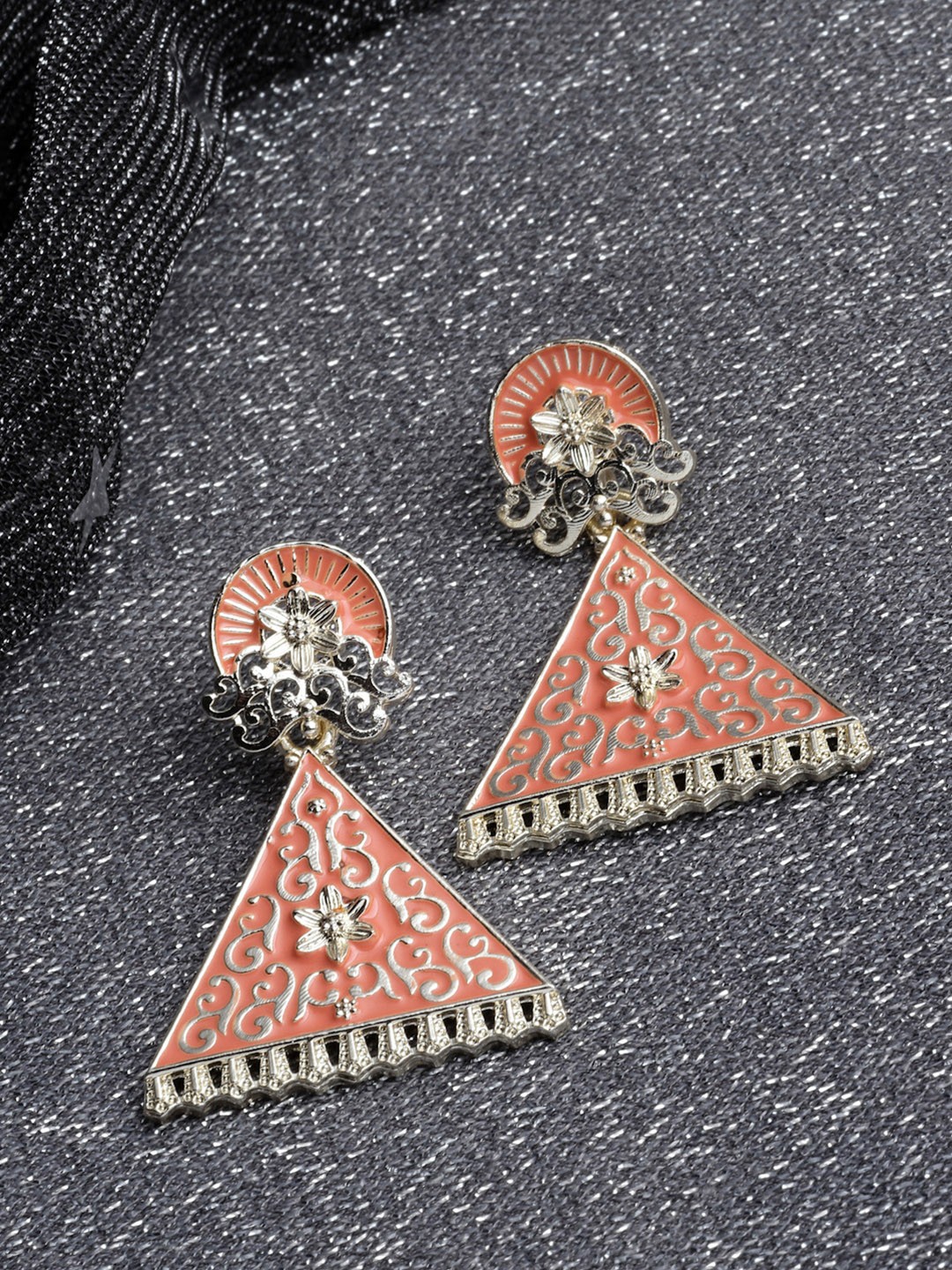 

PANASH Gold-Toned and Orange Triangular Meenakari Drop Earrings